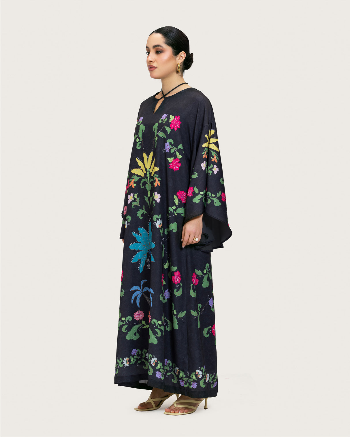 Black Printed Maxi Kaftan Dress with Beaded Tassel