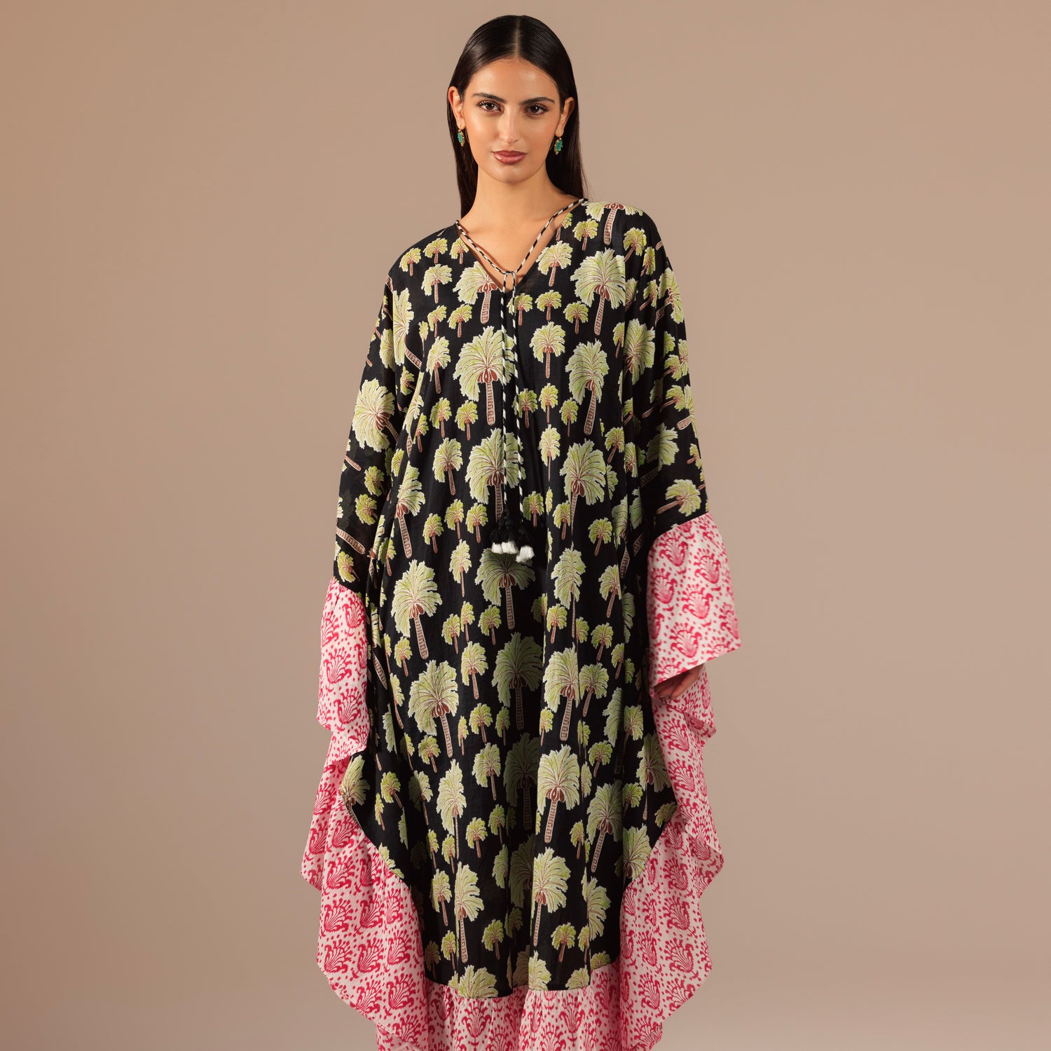 Palm Tree Printed Kaftan with Fuchsia Printed Ruffle and Tassel Accents
