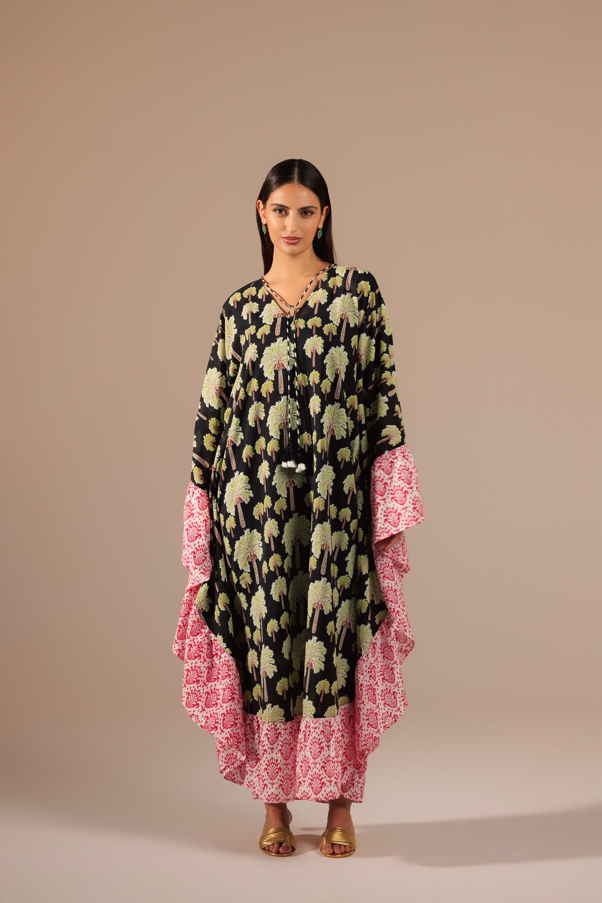Palm Tree Printed Kaftan with Fuchsia Printed Ruffle and Tassel Accents