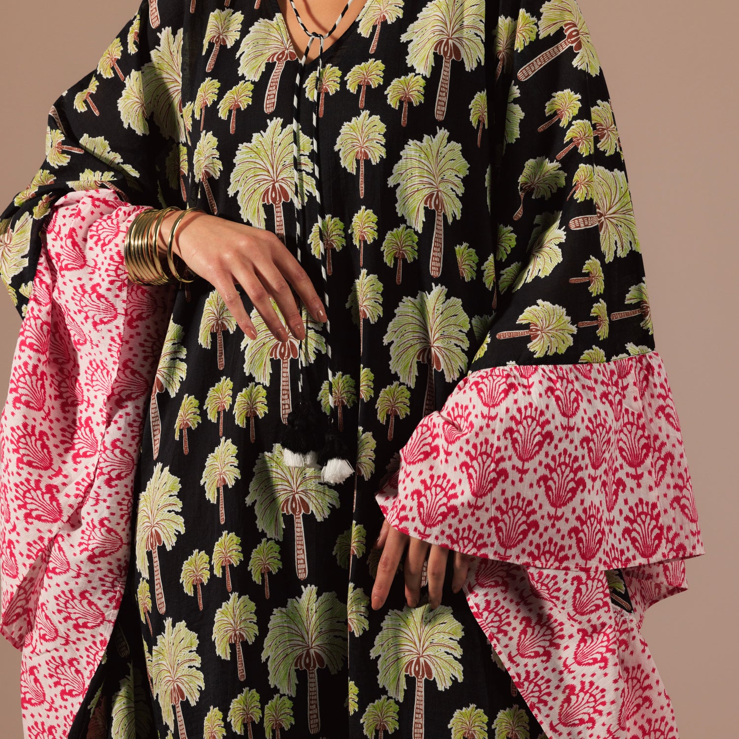 Palm Tree Printed Kaftan with Fuchsia Printed Ruffle and Tassel Accents