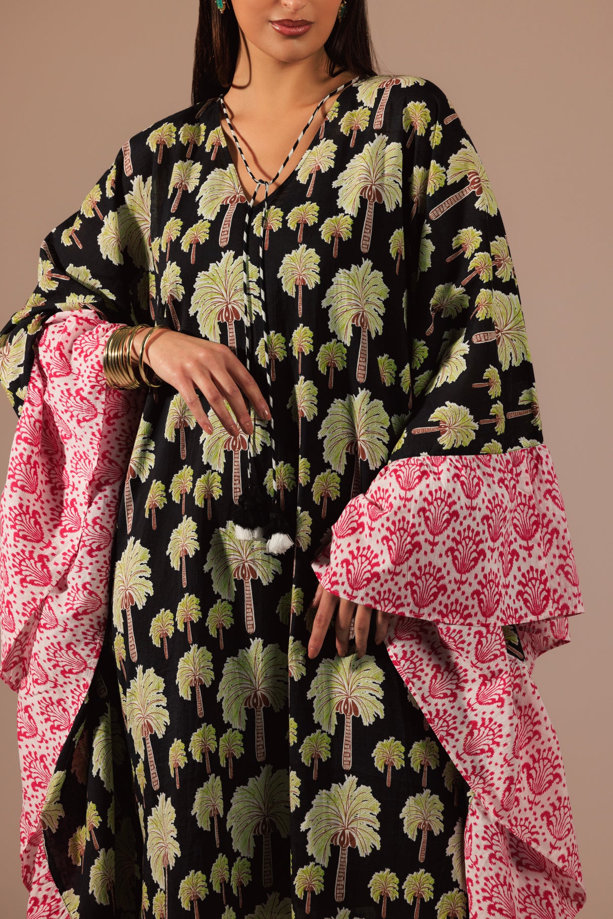Palm Tree Printed Kaftan with Fuchsia Printed Ruffle and Tassel Accents