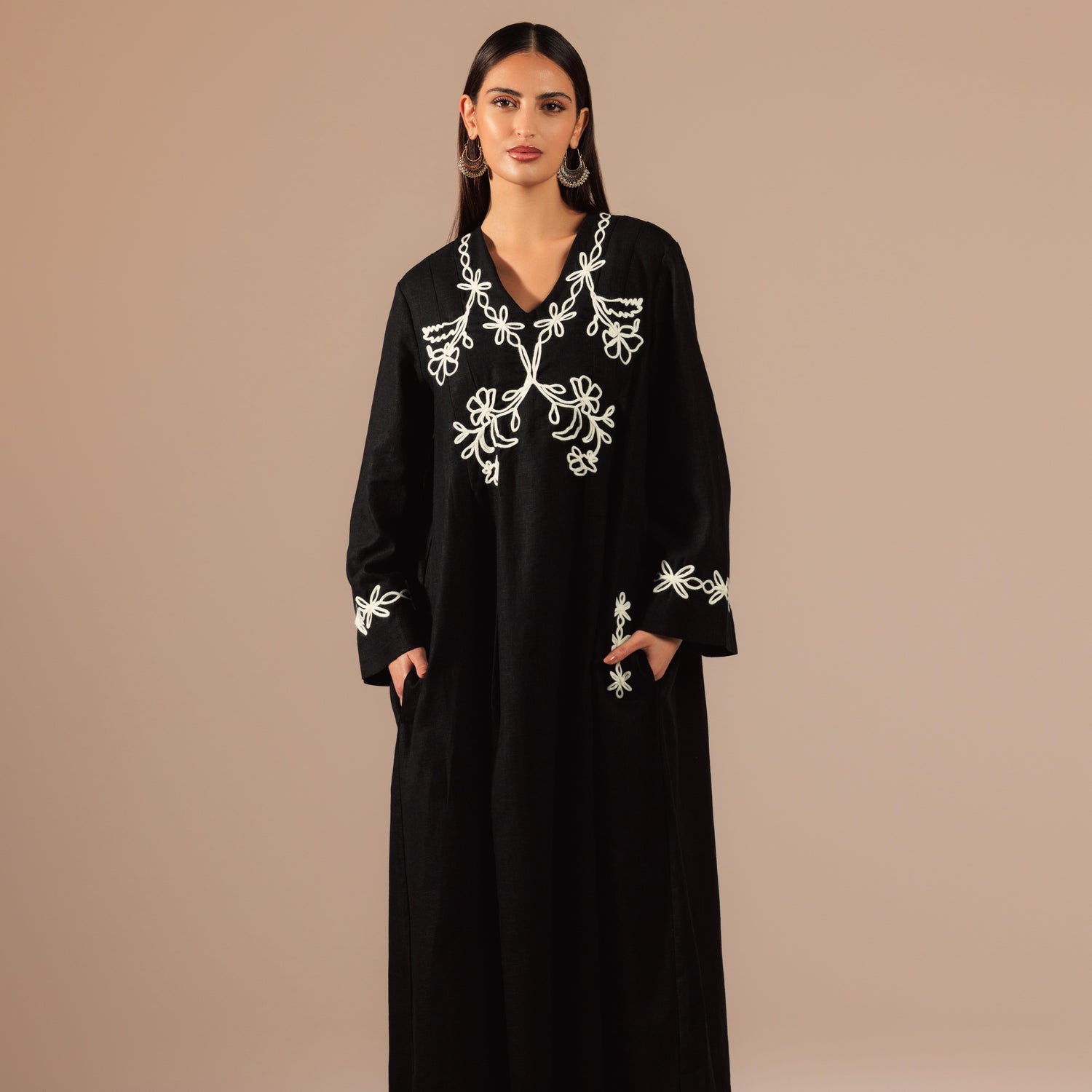 Black Linen Kaftan with White Flower Embroidery