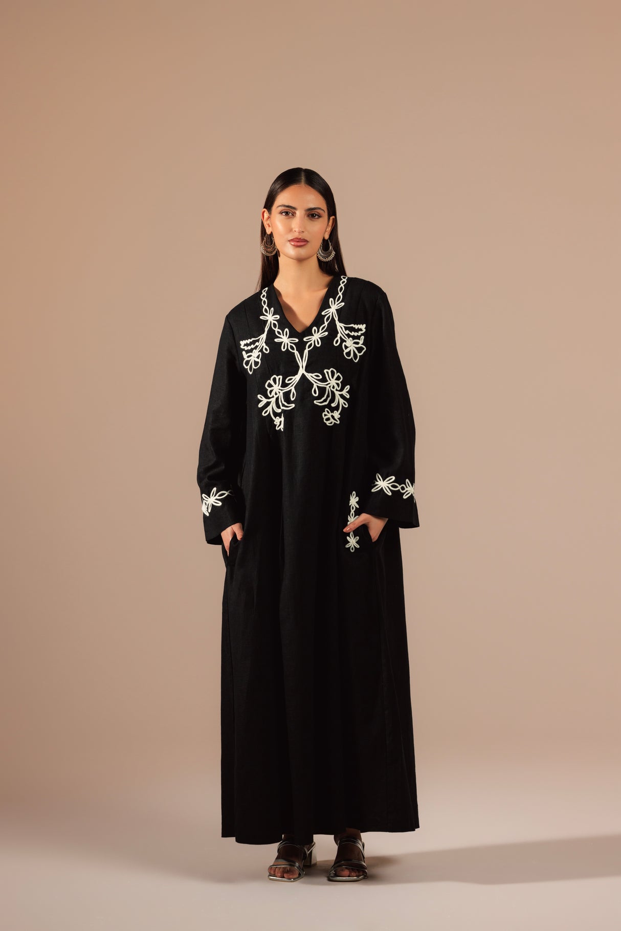 Black Linen Kaftan with White Flower Embroidery
