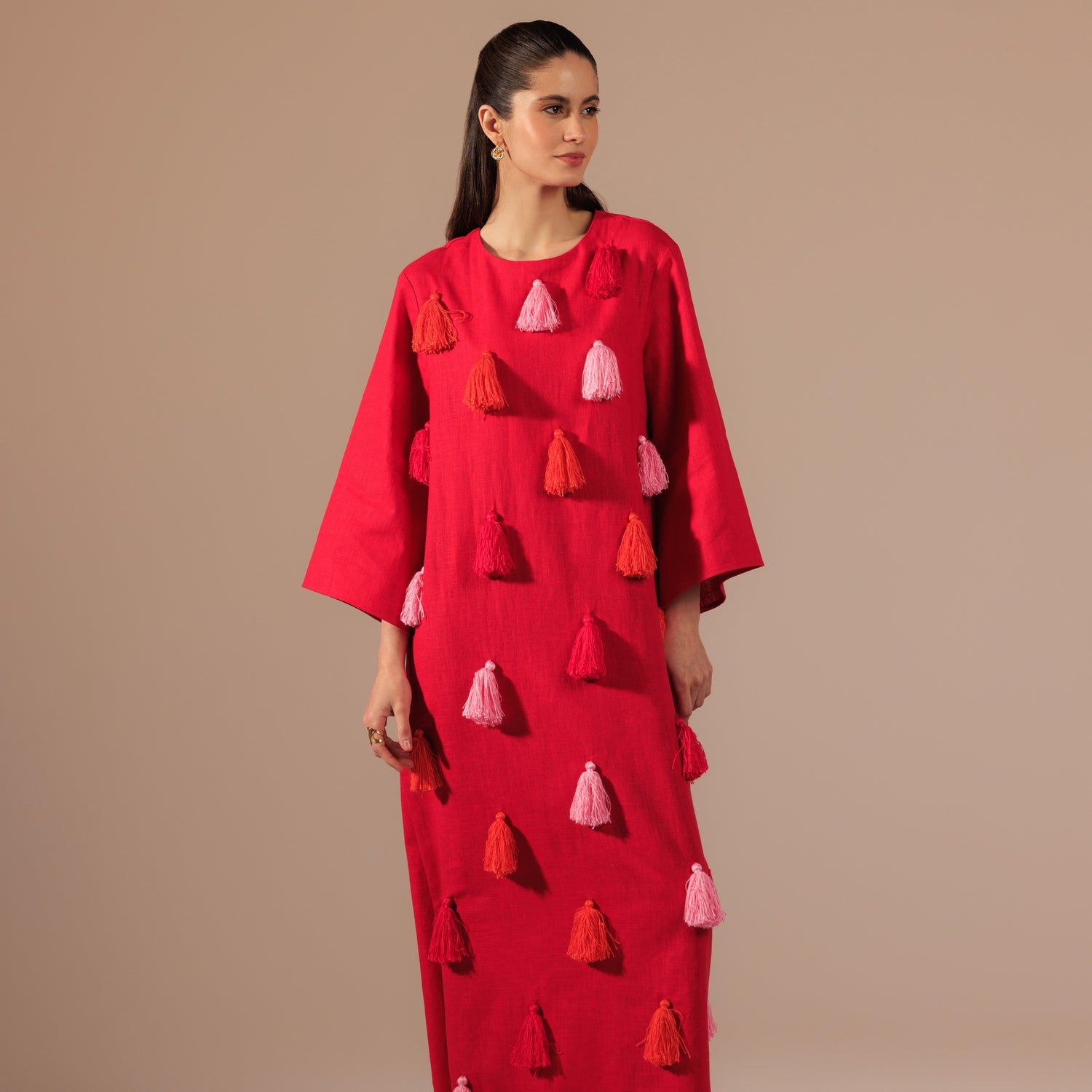 Fuchsia Vibrant Linen with Diagonal Tassels in Pink and Orange Kaftan