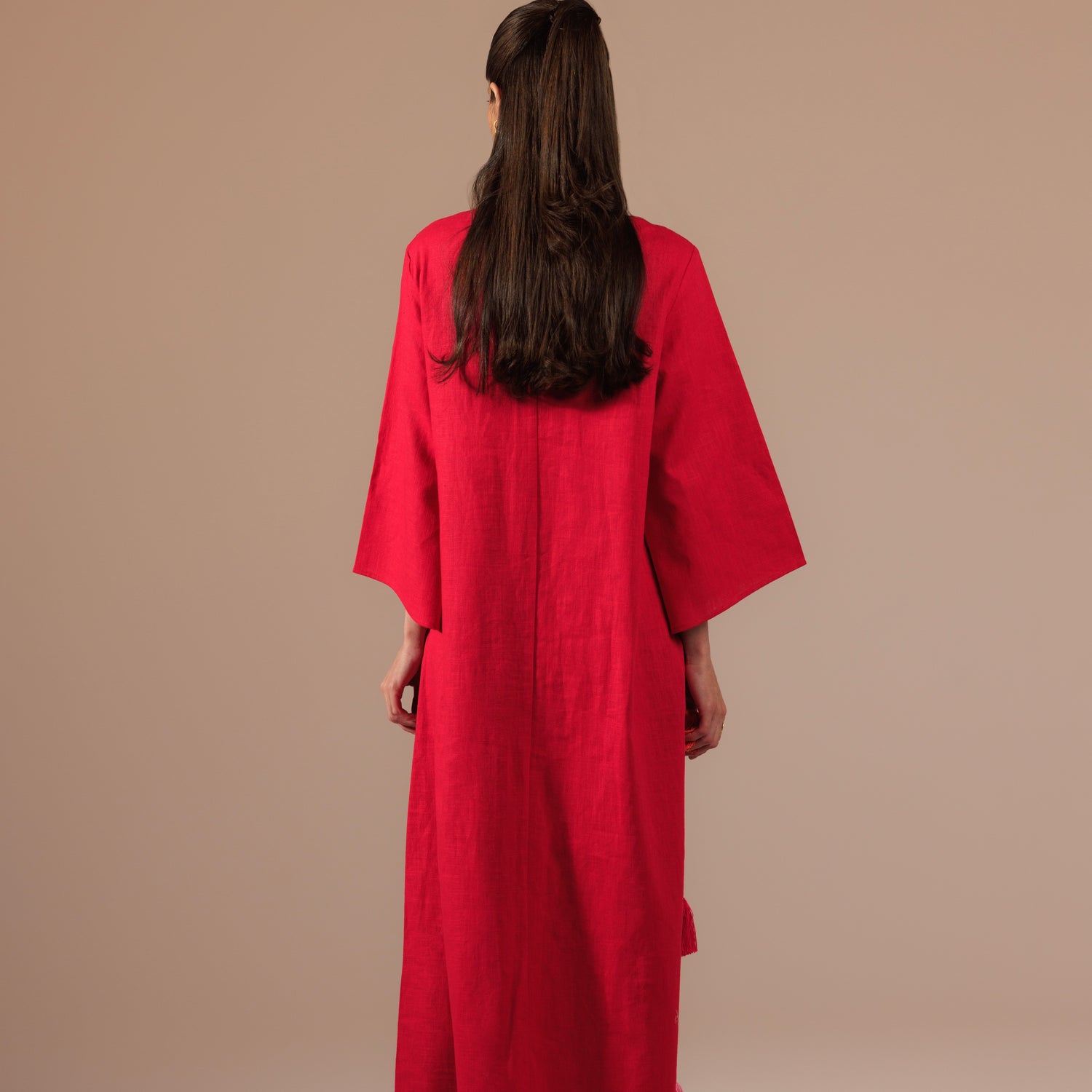 Fuchsia Vibrant Linen with Diagonal Tassels in Pink and Orange Kaftan