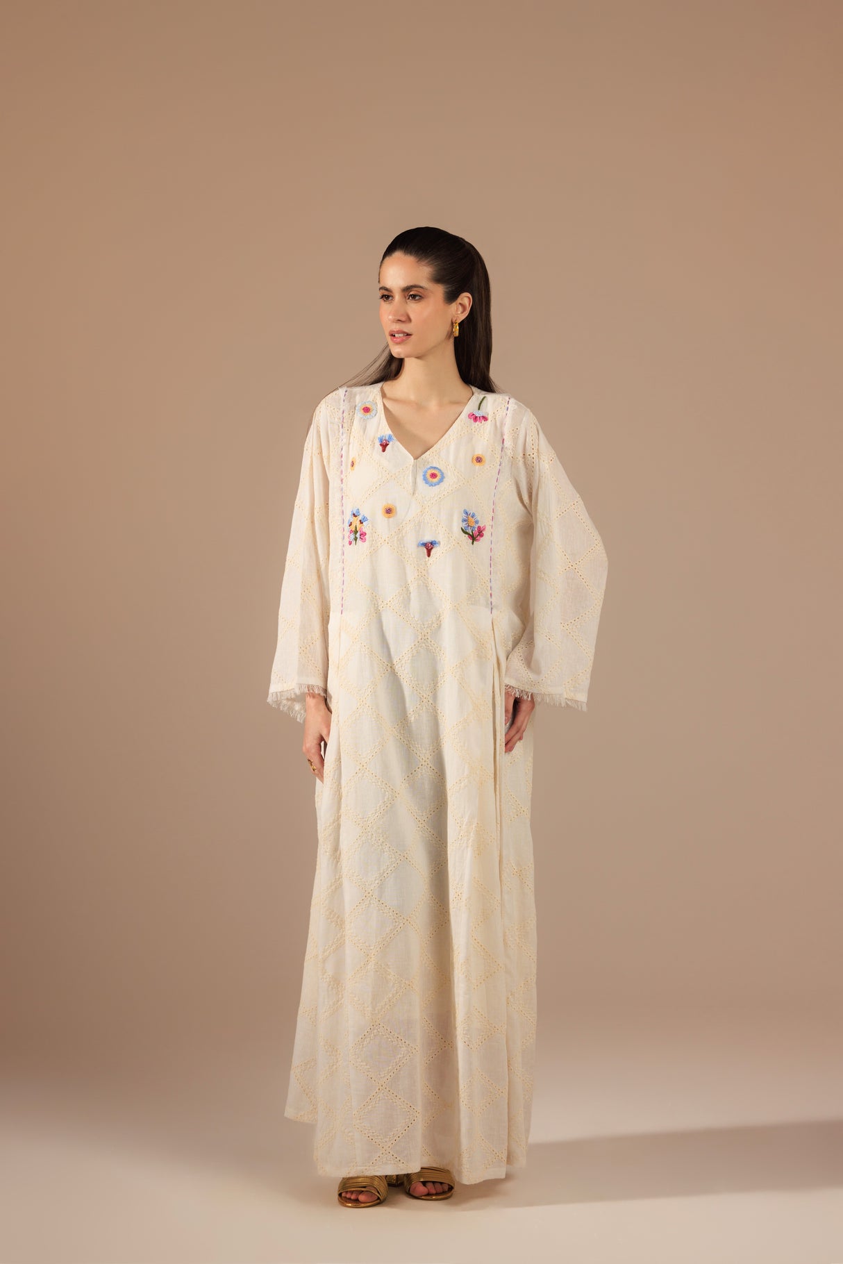 Off-White Cotton Self Embroidered Kaftan with Colorful Bust Embroidery