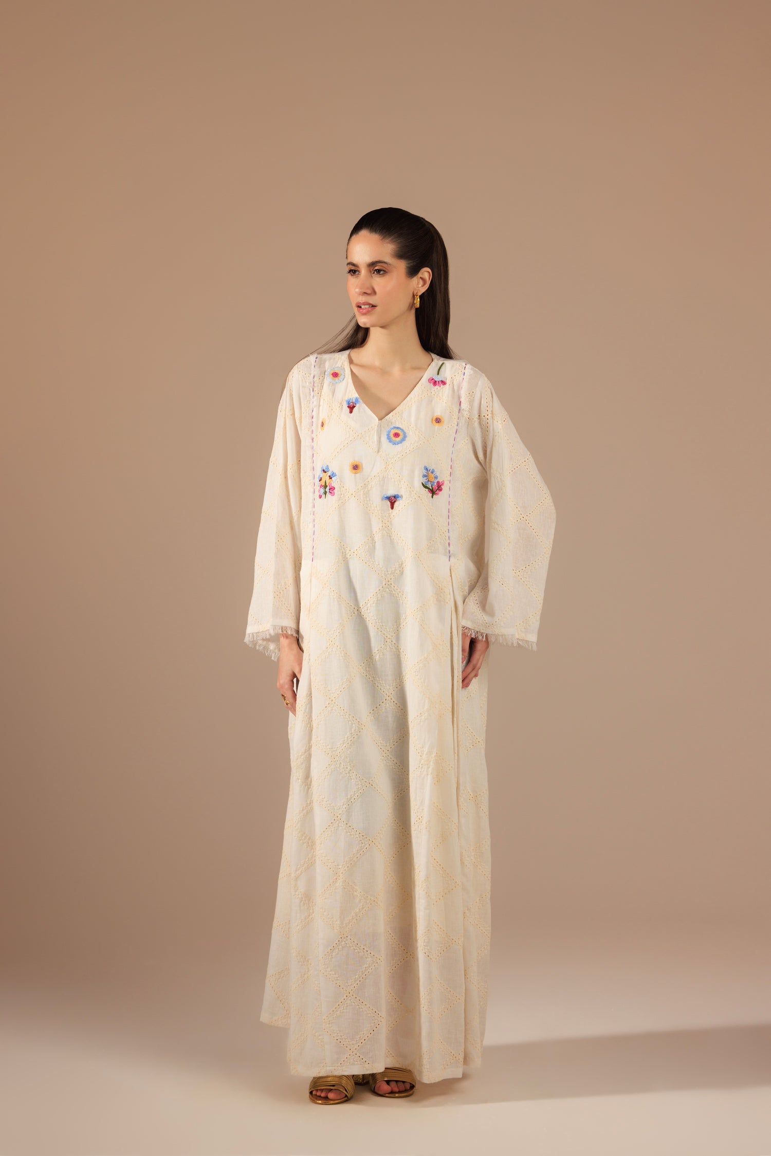Off-White Cotton Self Embroidered Kaftan with Colorful Bust Embroidery