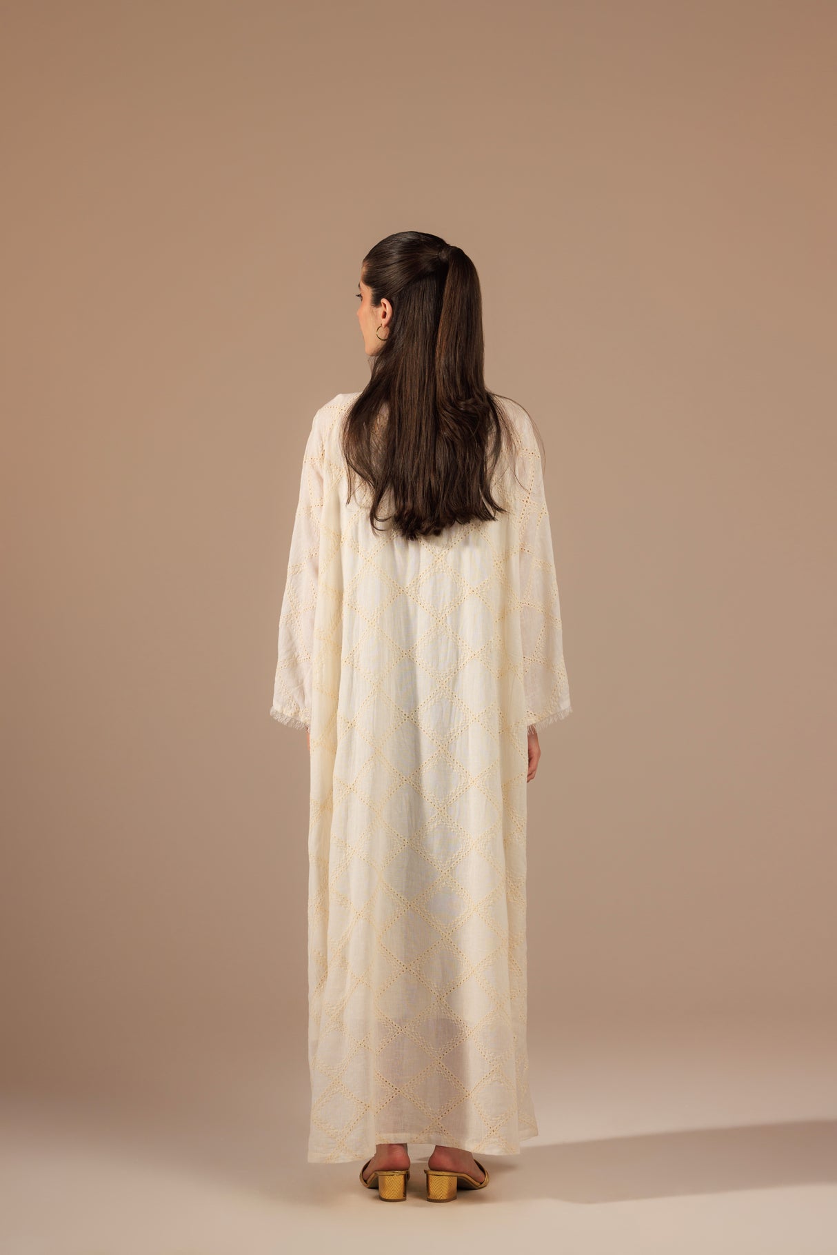 Off-White Cotton Self Embroidered Kaftan with Colorful Bust Embroidery