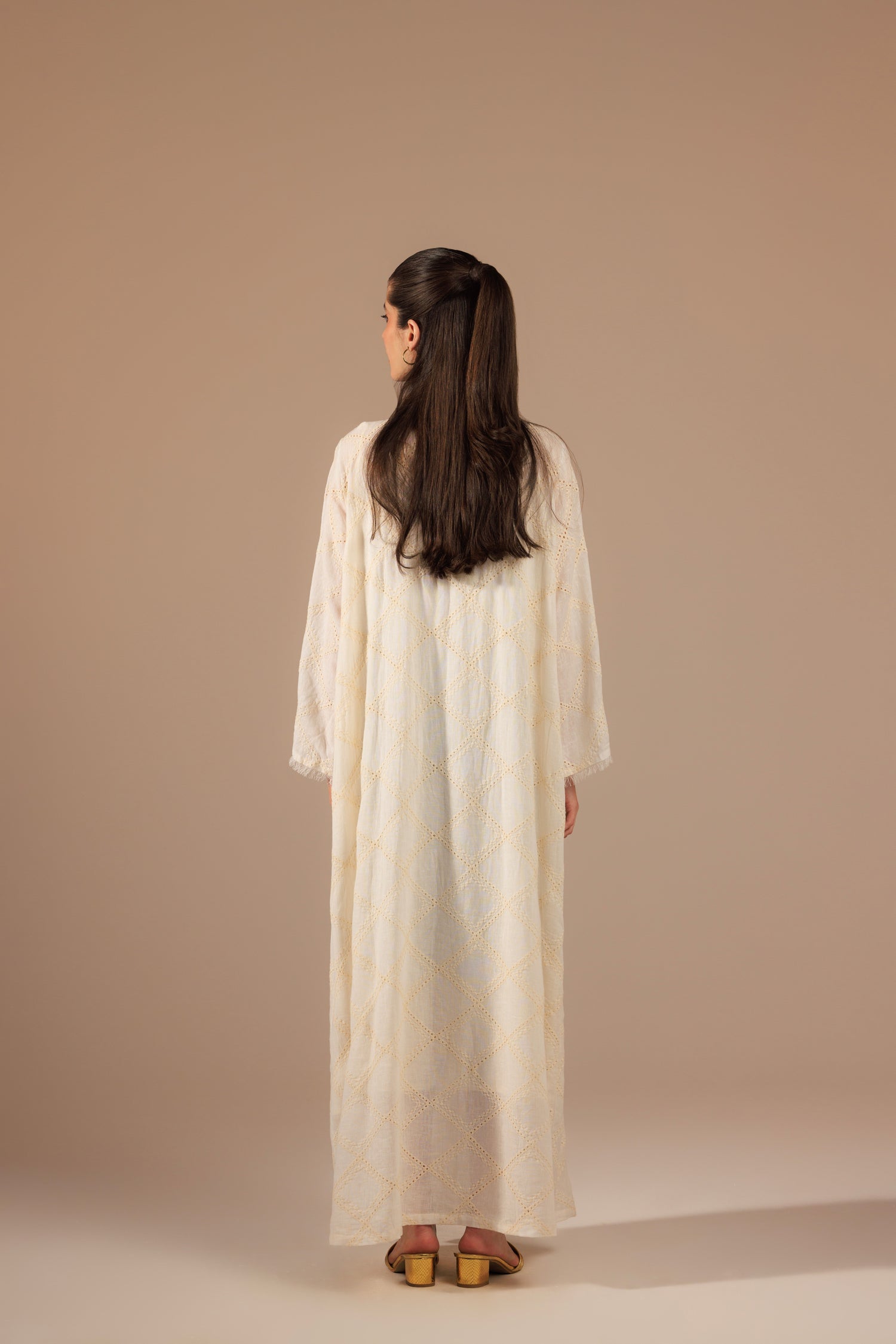 Off-White Cotton Self Embroidered Kaftan with Colorful Bust Embroidery