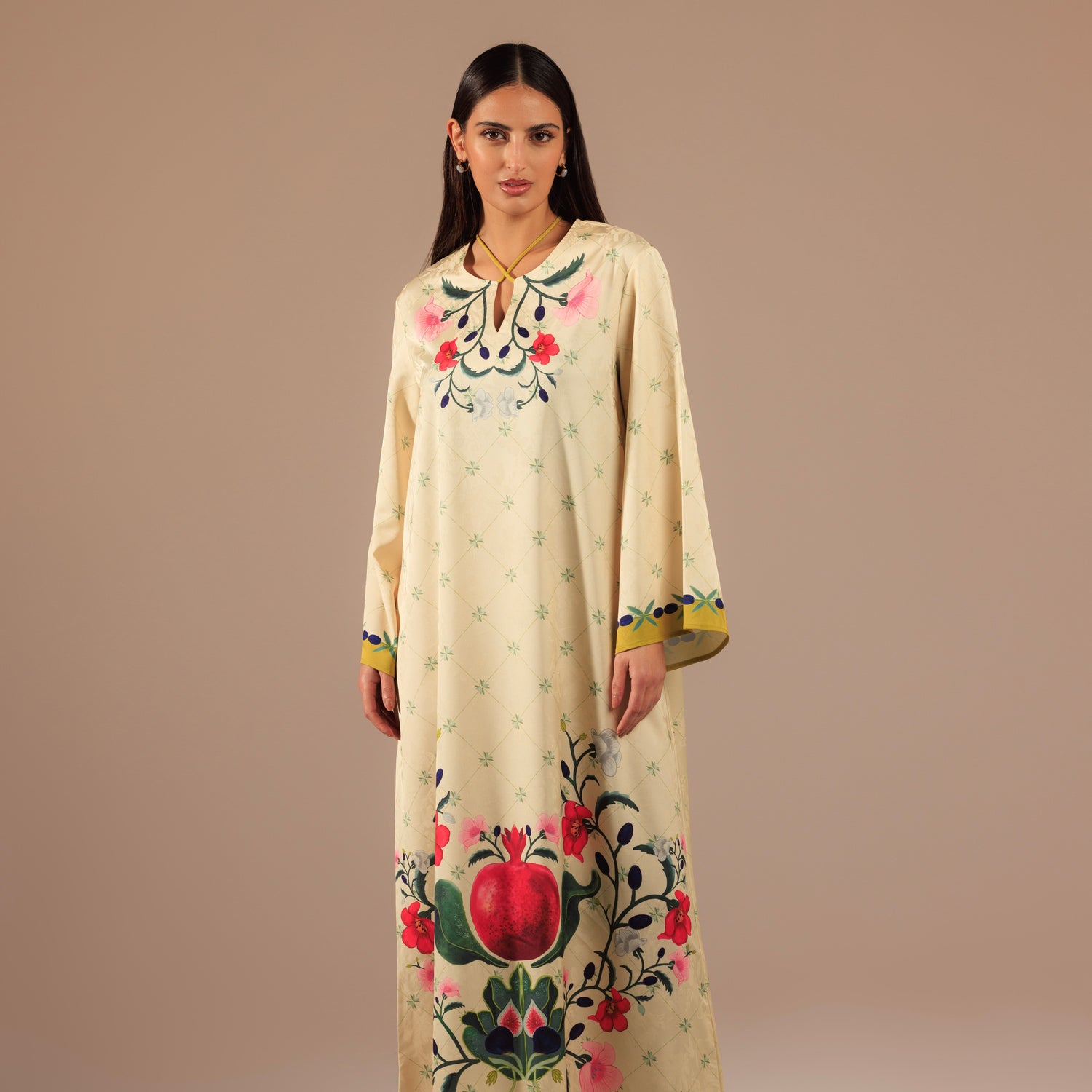 Vibrant Pomegranate Print Satin Jacquard Kaftan