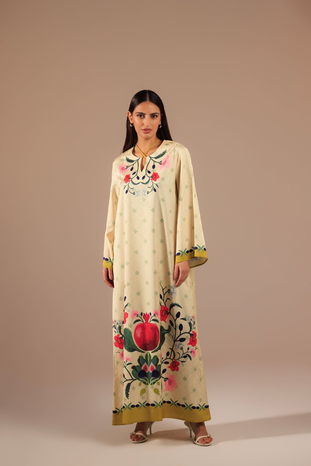 Vibrant Pomegranate Print Satin Jacquard Kaftan
