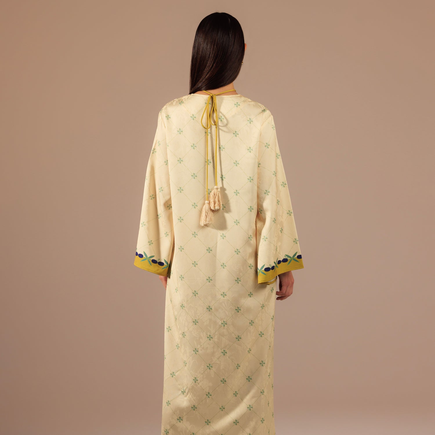 Vibrant Pomegranate Print Satin Jacquard Kaftan