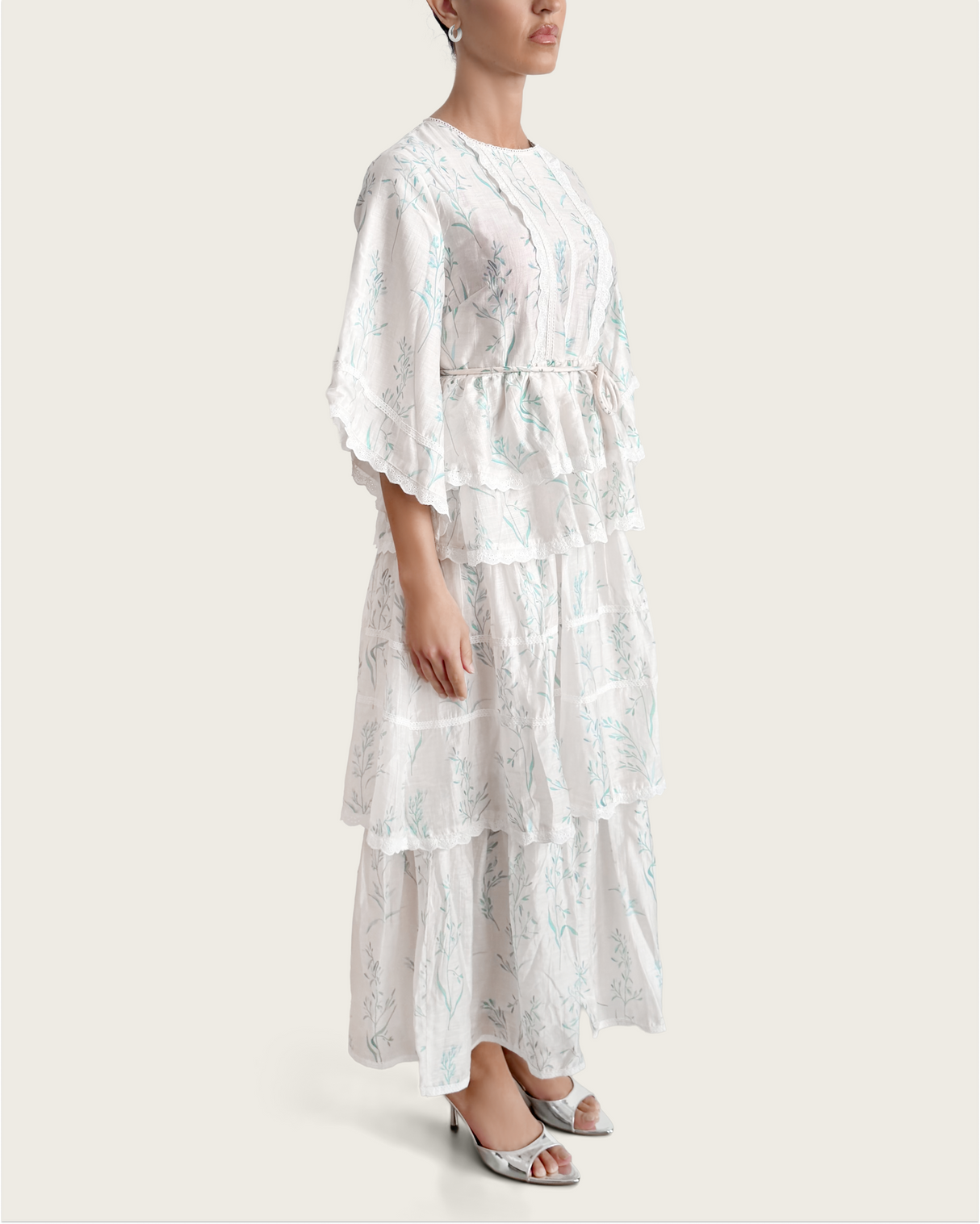 Aqua Bloom Tiered Lace Trim Maxi Dress