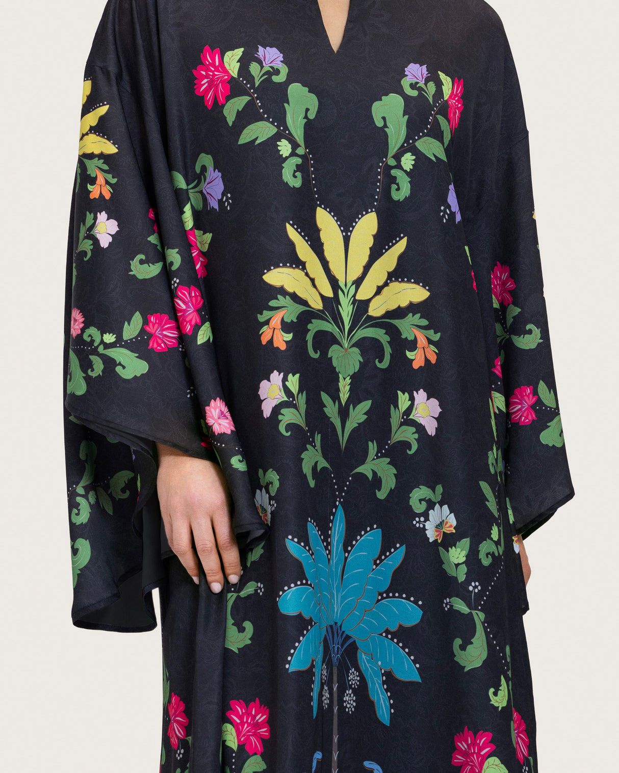 Black Printed Maxi Kaftan Dress with Beaded Tassel