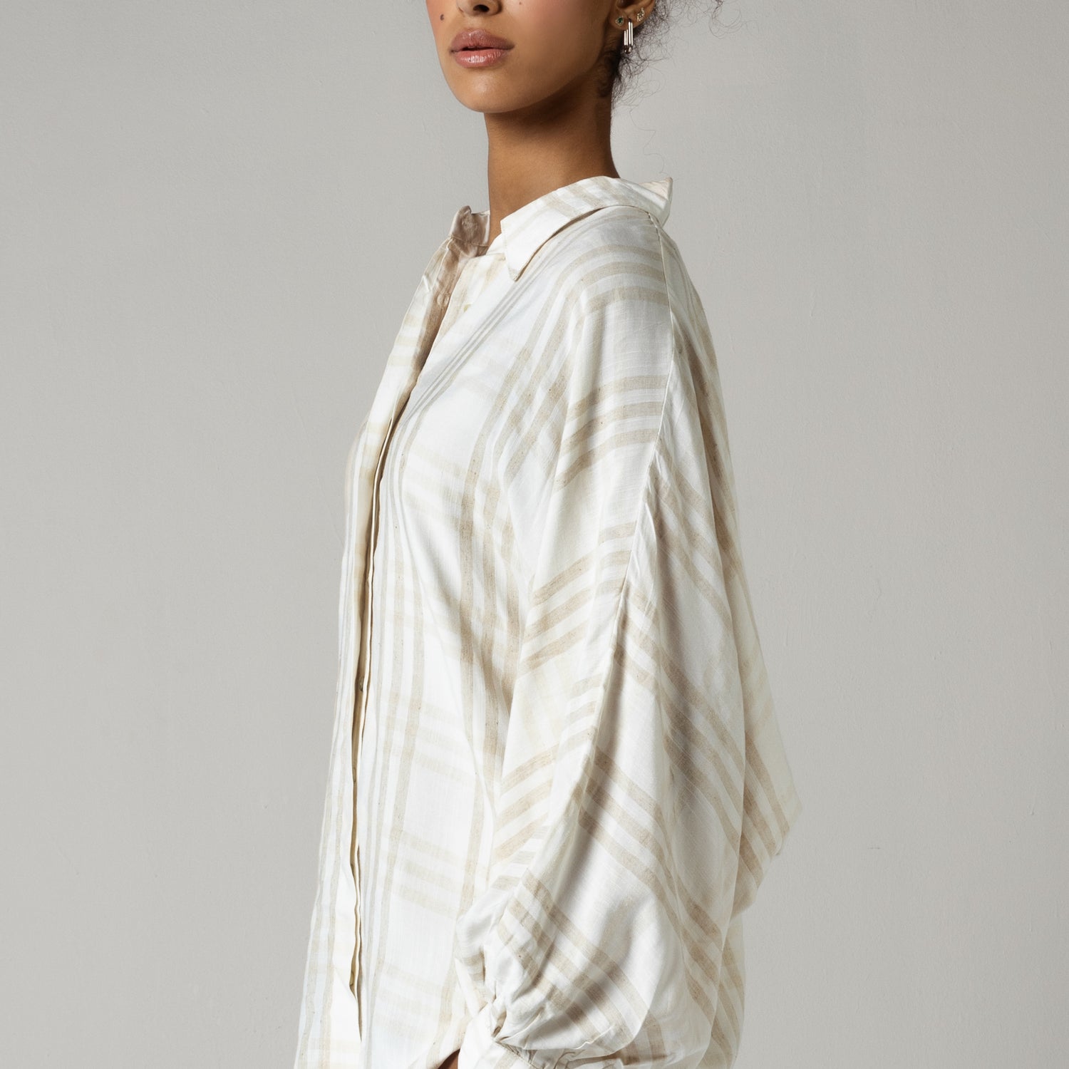 Plaid Viscose Cotton Blouse with Tie Wristbands