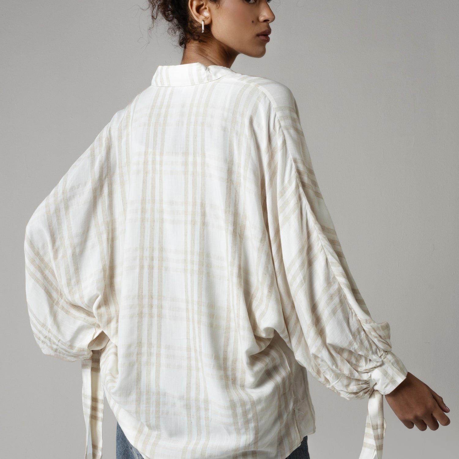 Plaid Viscose Cotton Blouse with Tie Wristbands