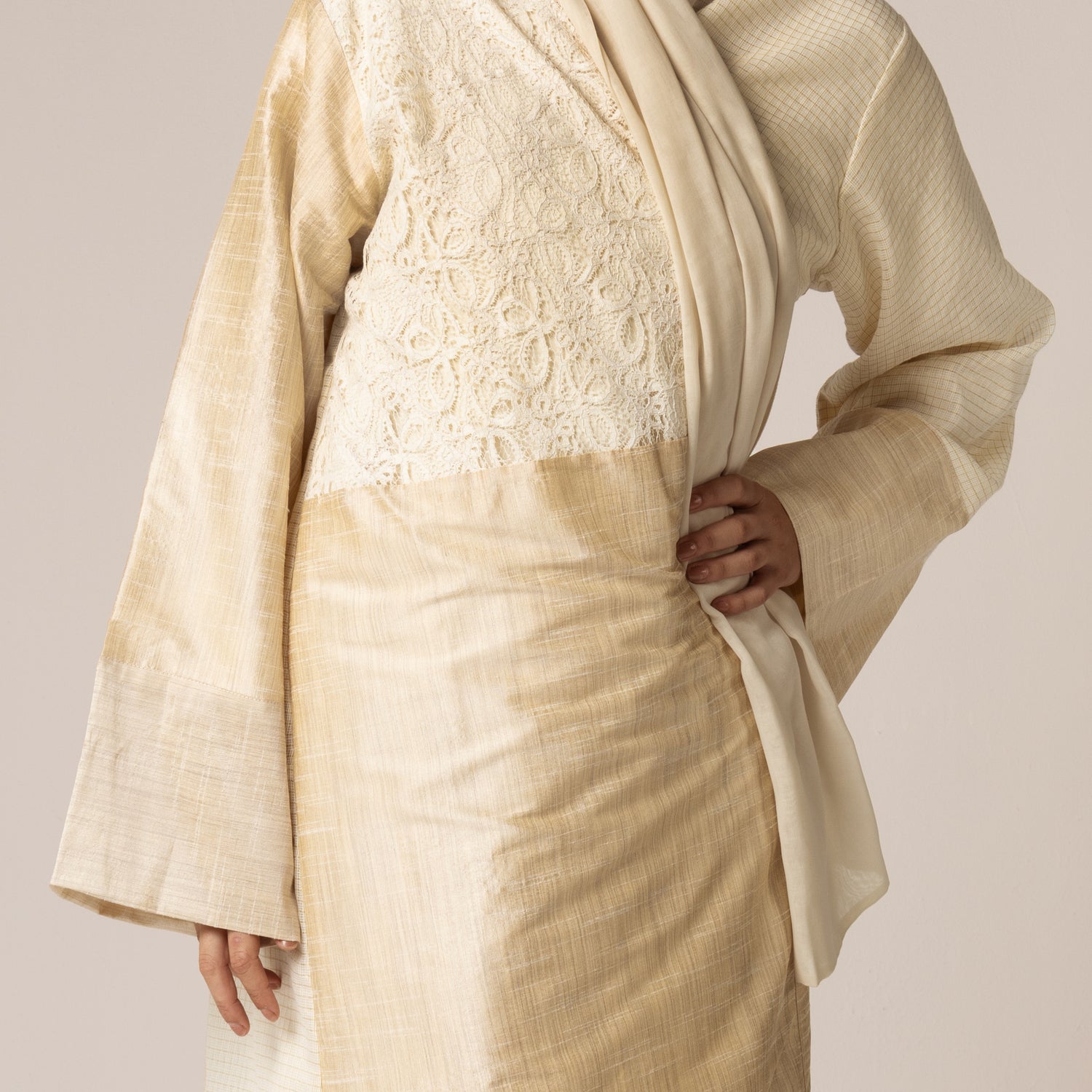 Lace and Taffeta Mix Fabric Abaya