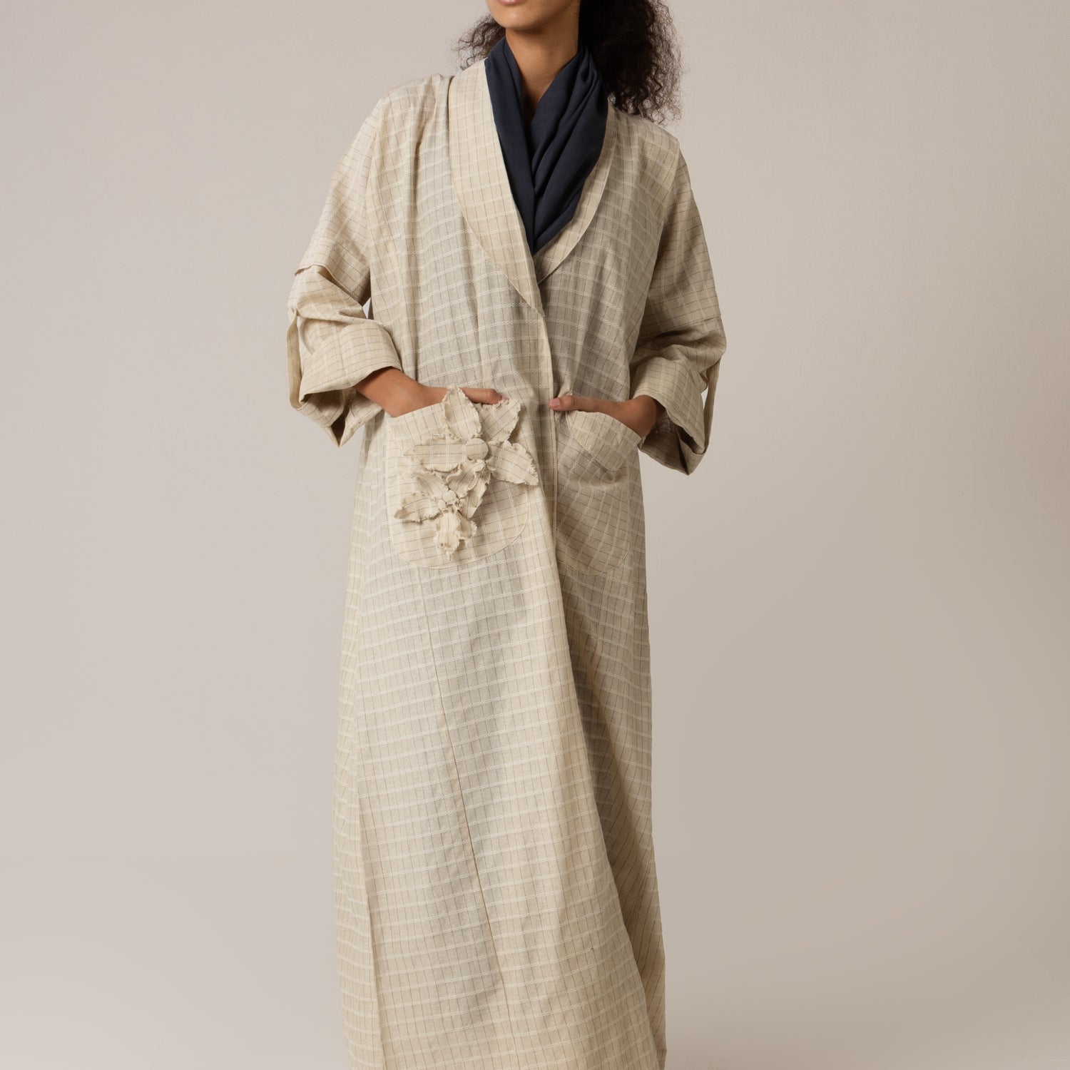 Cotton Abaya with Tonal Pattern and Floral Appliqué Pocket
