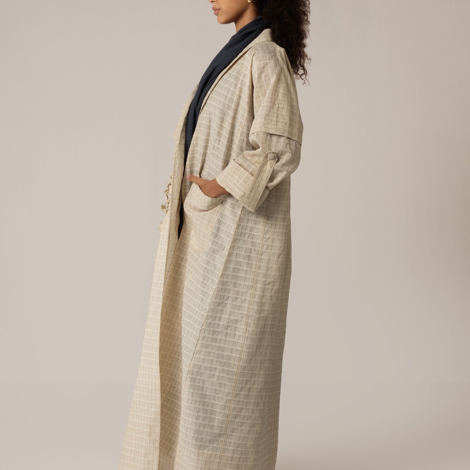 Cotton Abaya with Tonal Pattern and Floral Appliqué Pocket