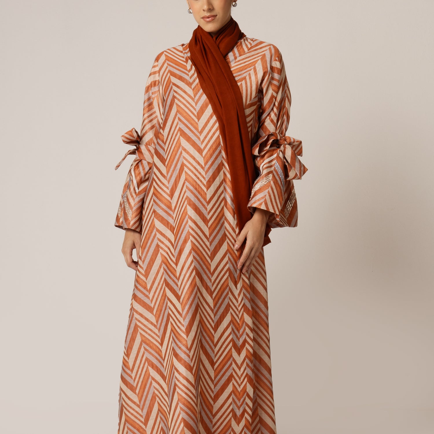 Jacquard Stripe Printed Orange Abaya