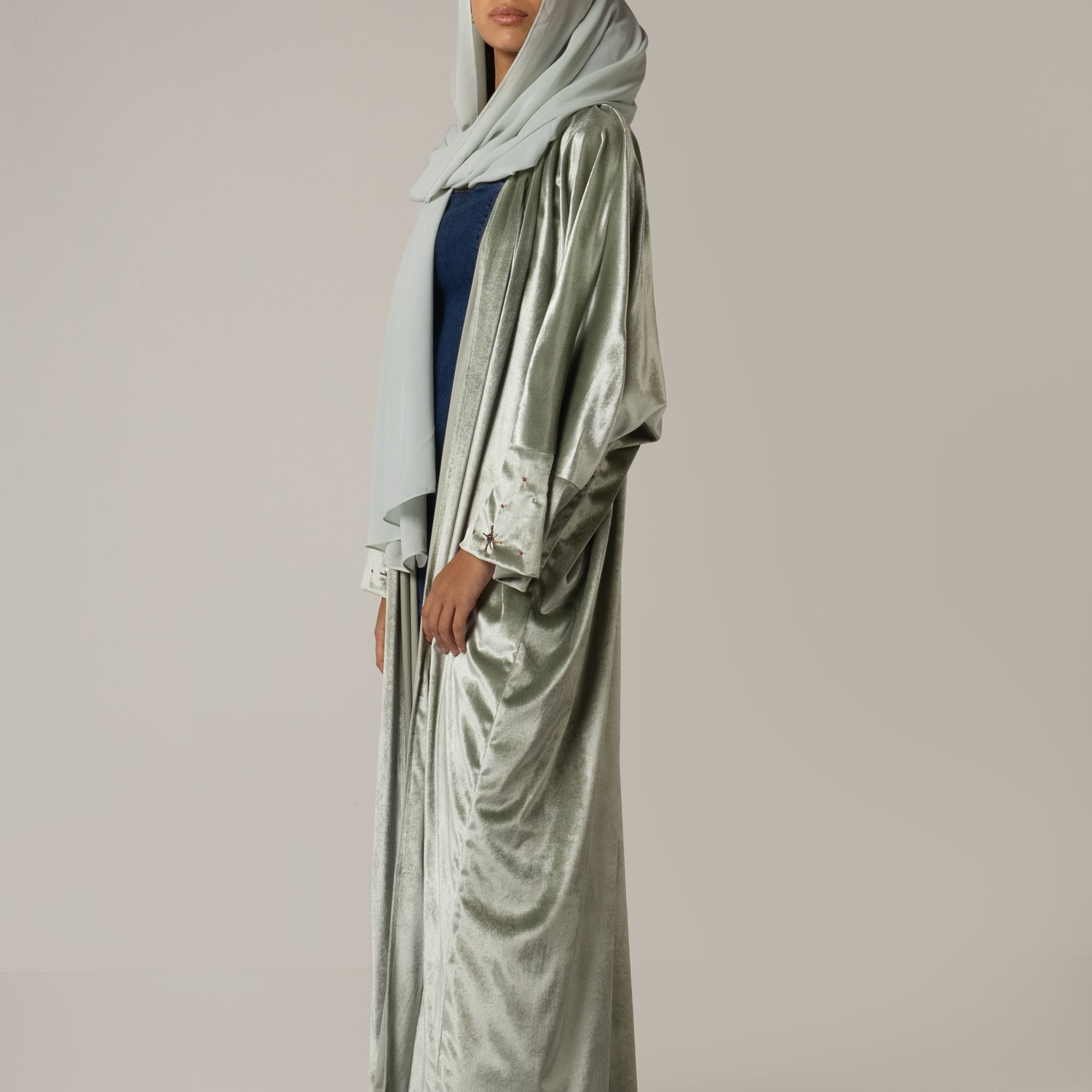 Velvet Loose Fit Abaya with Embellishments - Green
