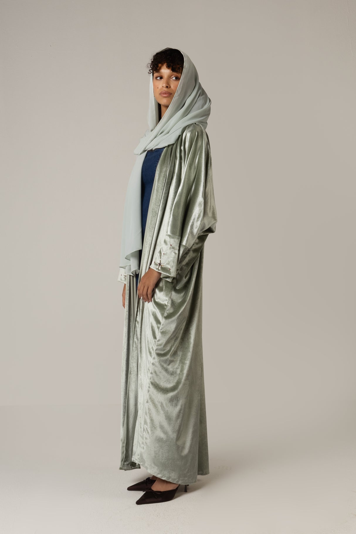 Velvet Loose Fit Abaya with Embellishments - Green