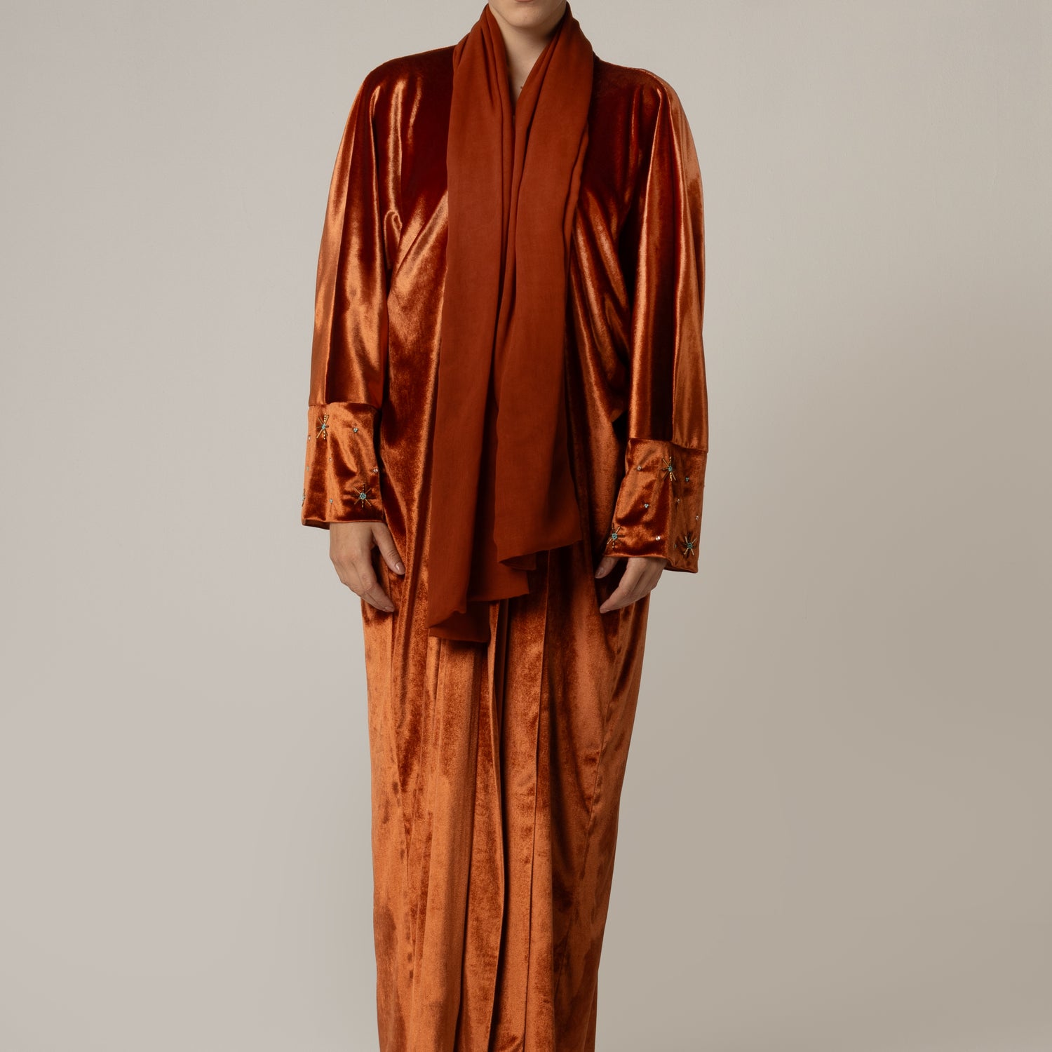 Velvet Loose Fit Abaya with Embellishments - Brown