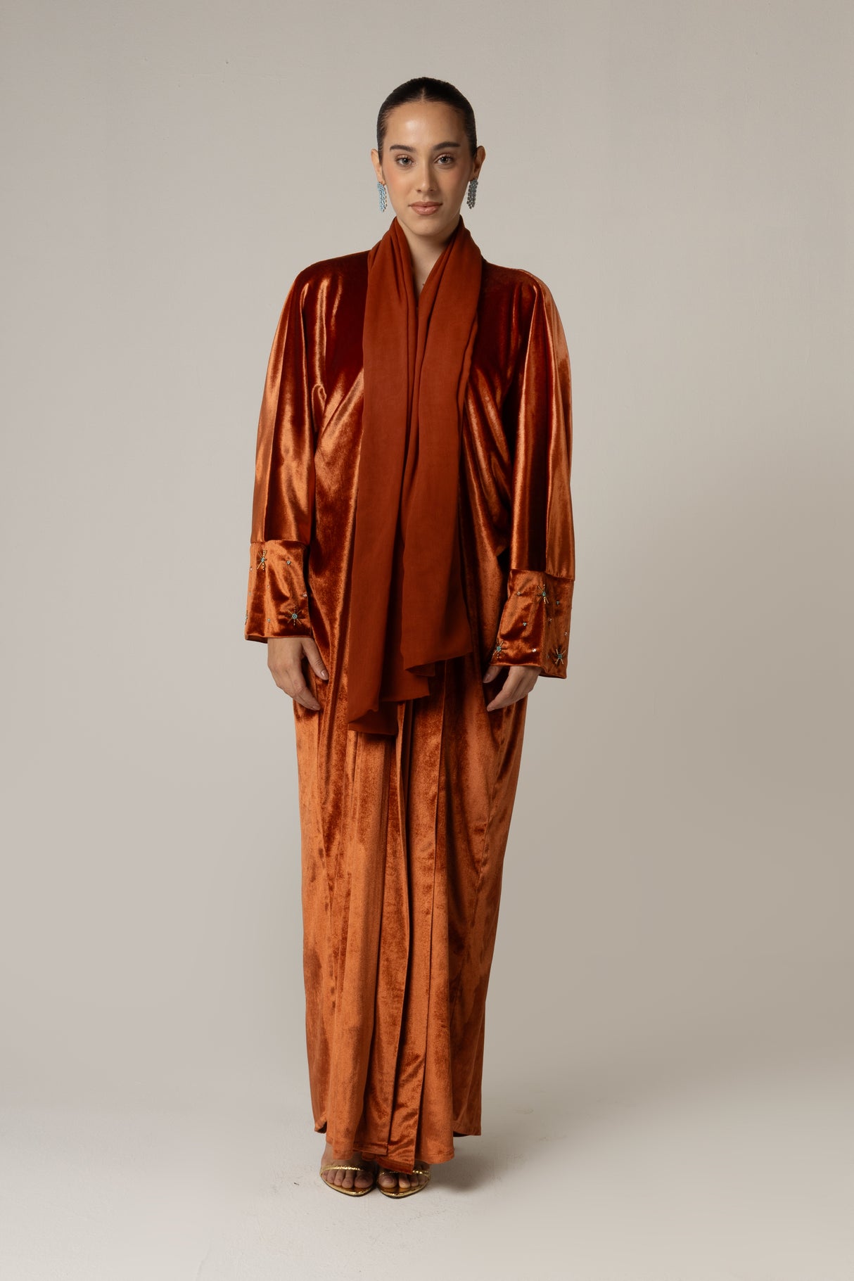 Velvet Loose Fit Abaya with Embellishments - Brown