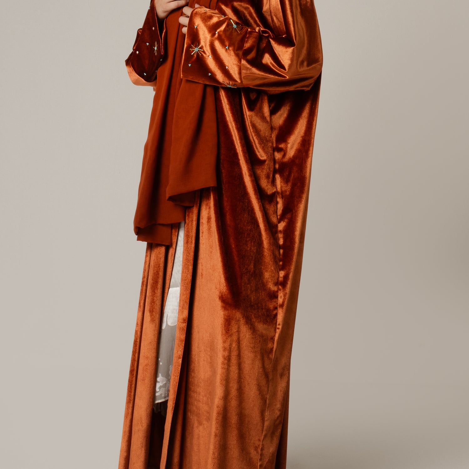 Velvet Loose Fit Abaya with Embellishments - Brown