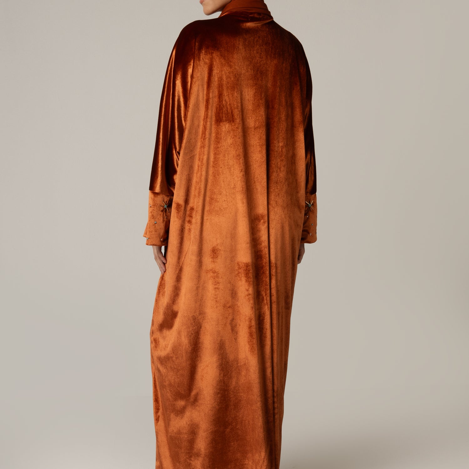 Velvet Loose Fit Abaya with Embellishments - Brown