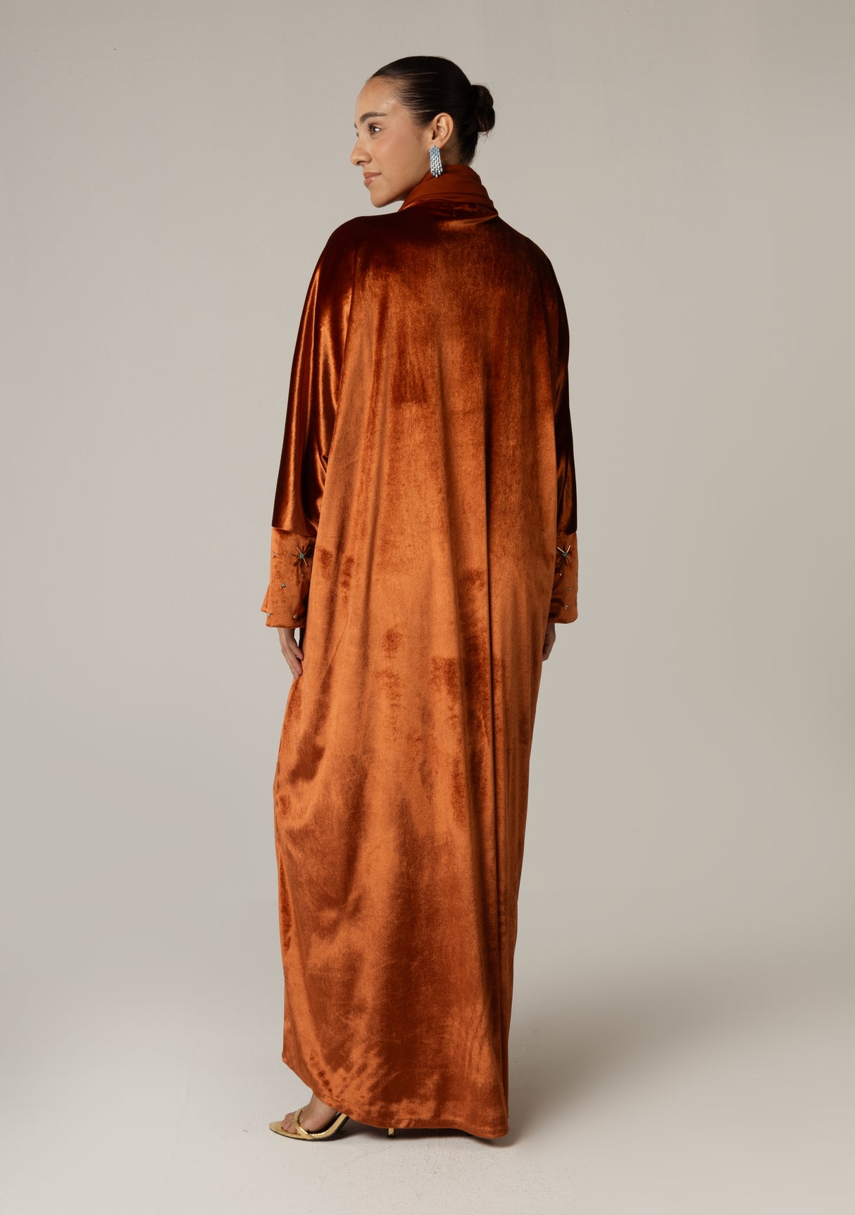 Velvet Loose Fit Abaya with Embellishments - Brown