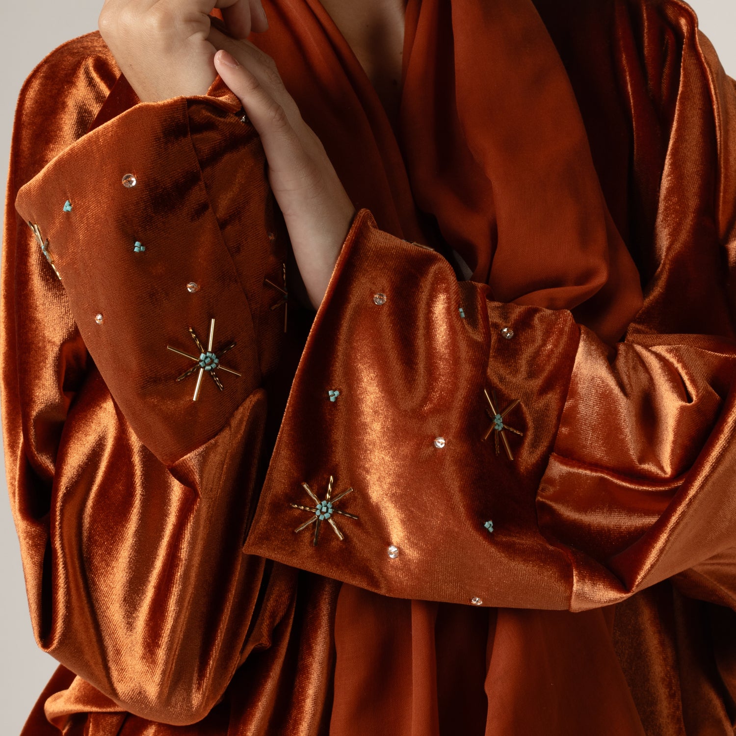 Velvet Loose Fit Abaya with Embellishments - Brown