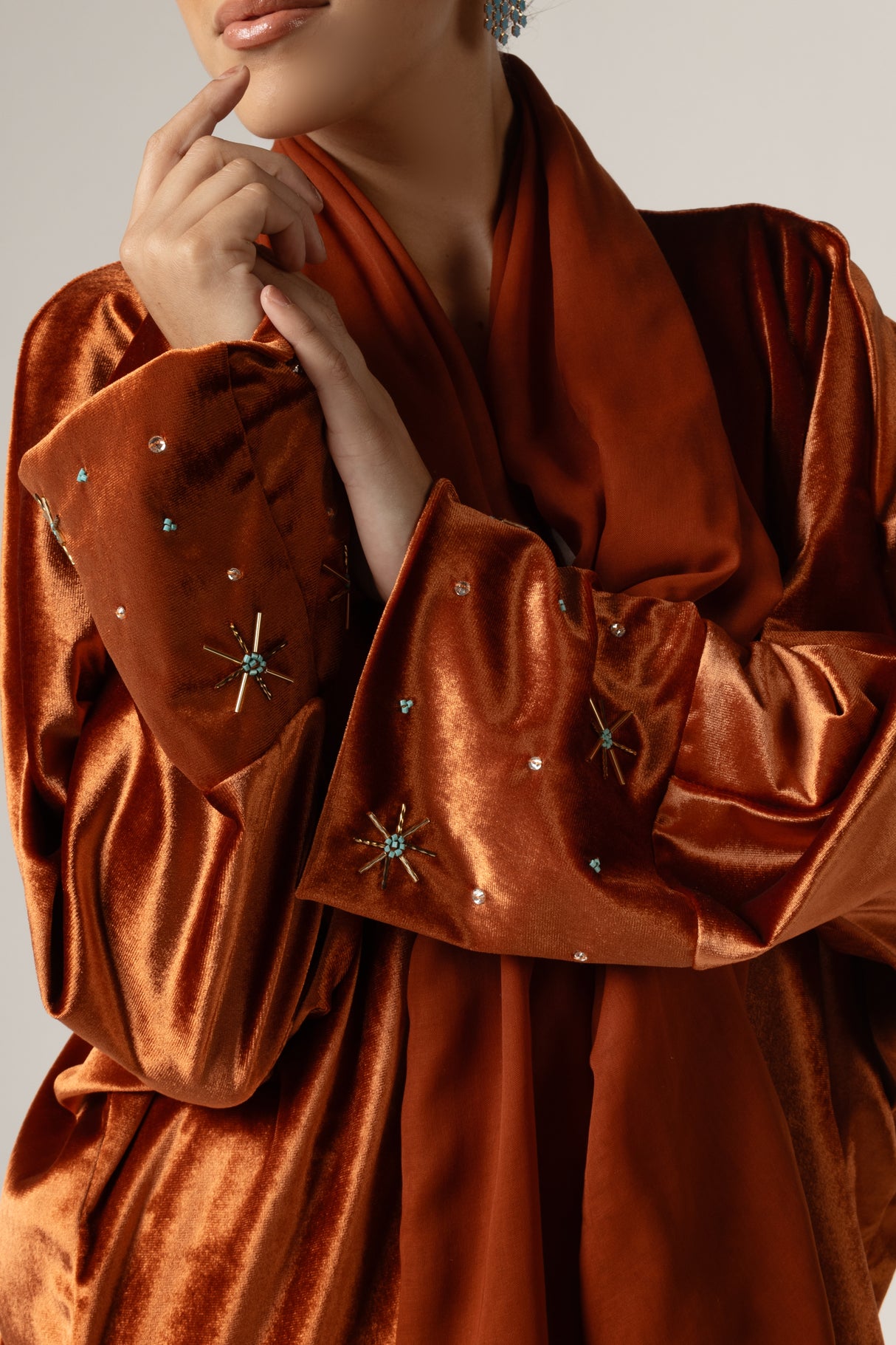 Velvet Loose Fit Abaya with Embellishments - Brown
