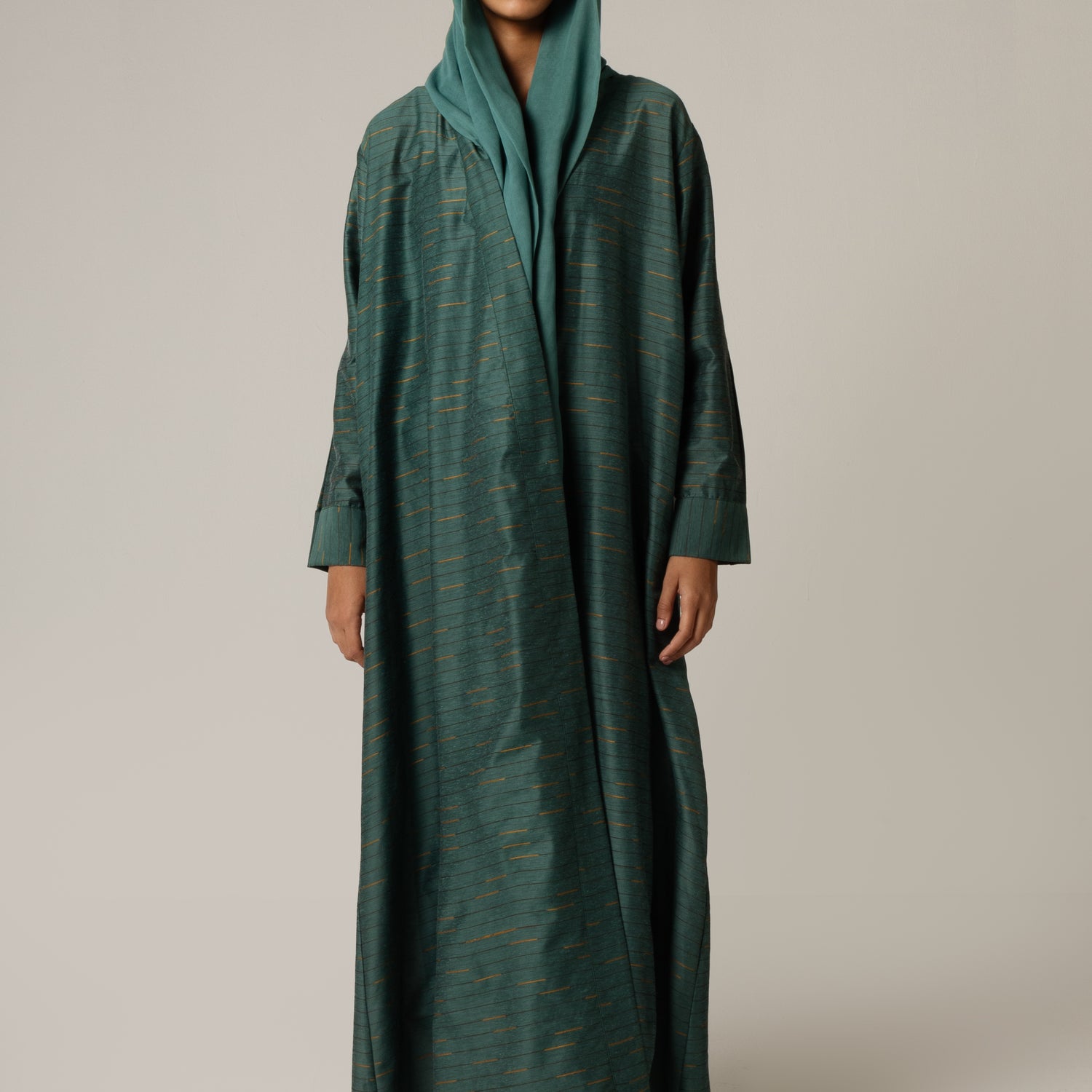 Green Striped Abaya with Decorative Buttons