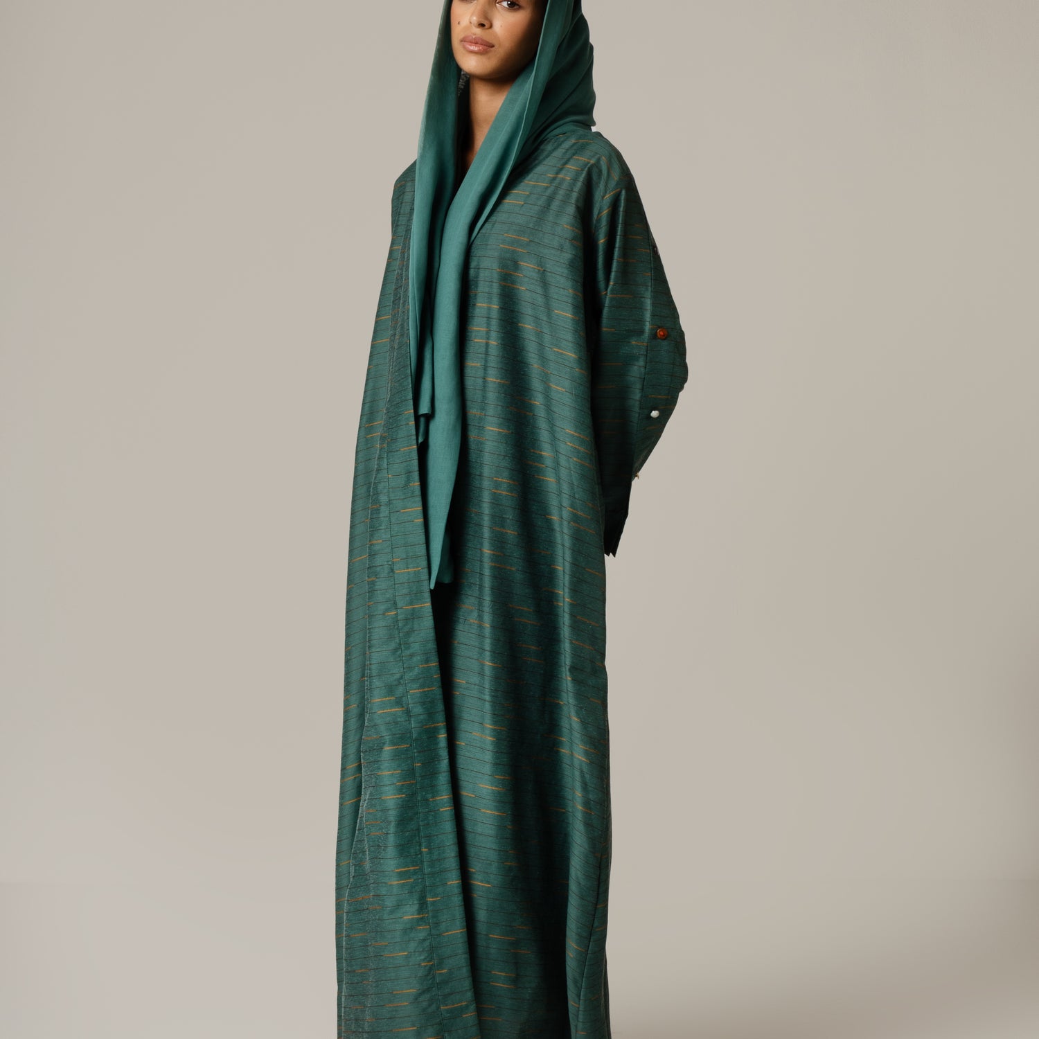 Green Striped Abaya with Decorative Buttons