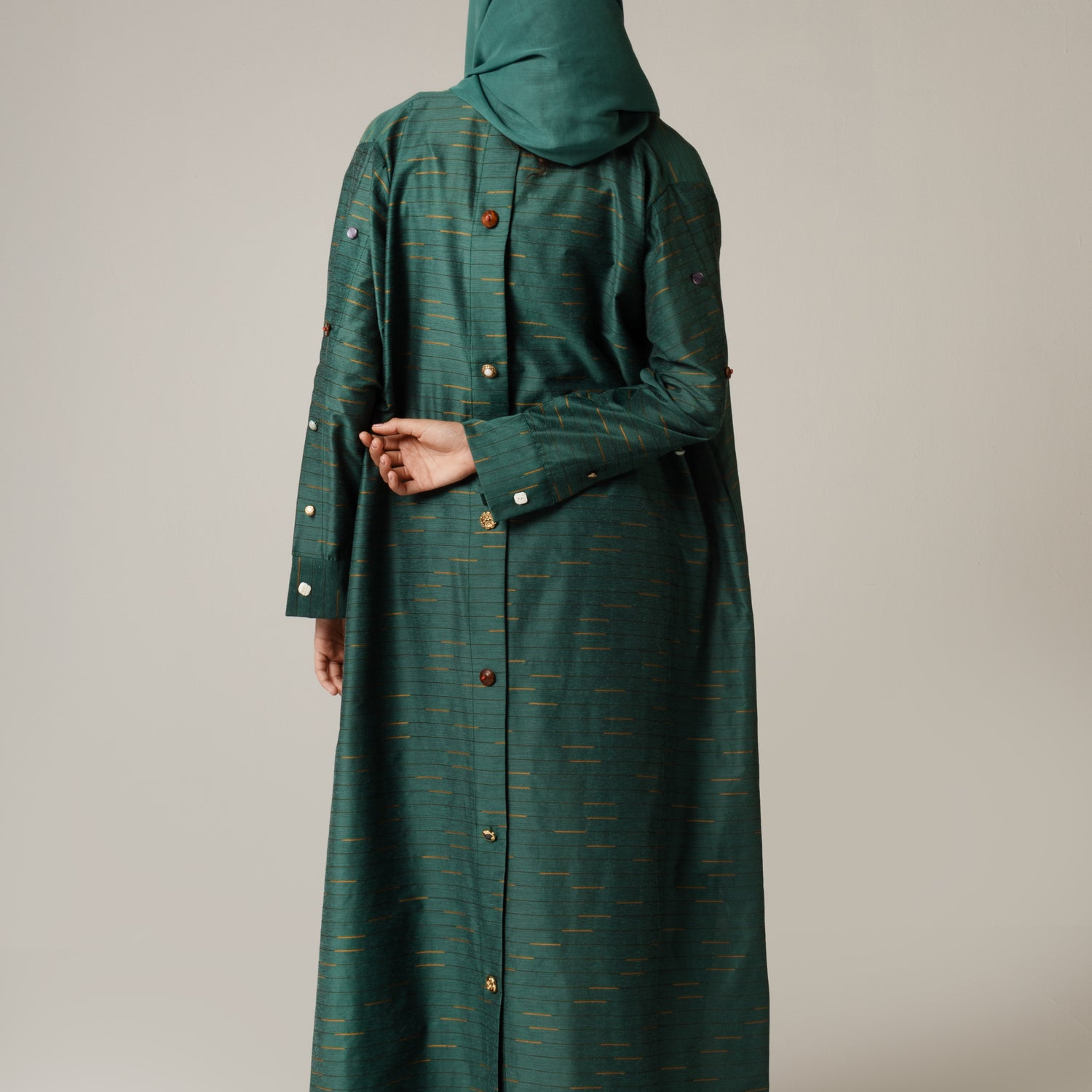 Green Striped Abaya with Decorative Buttons