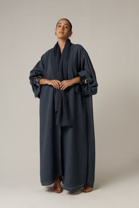 Navy Blue Abaya with Sunflower Beaded Details