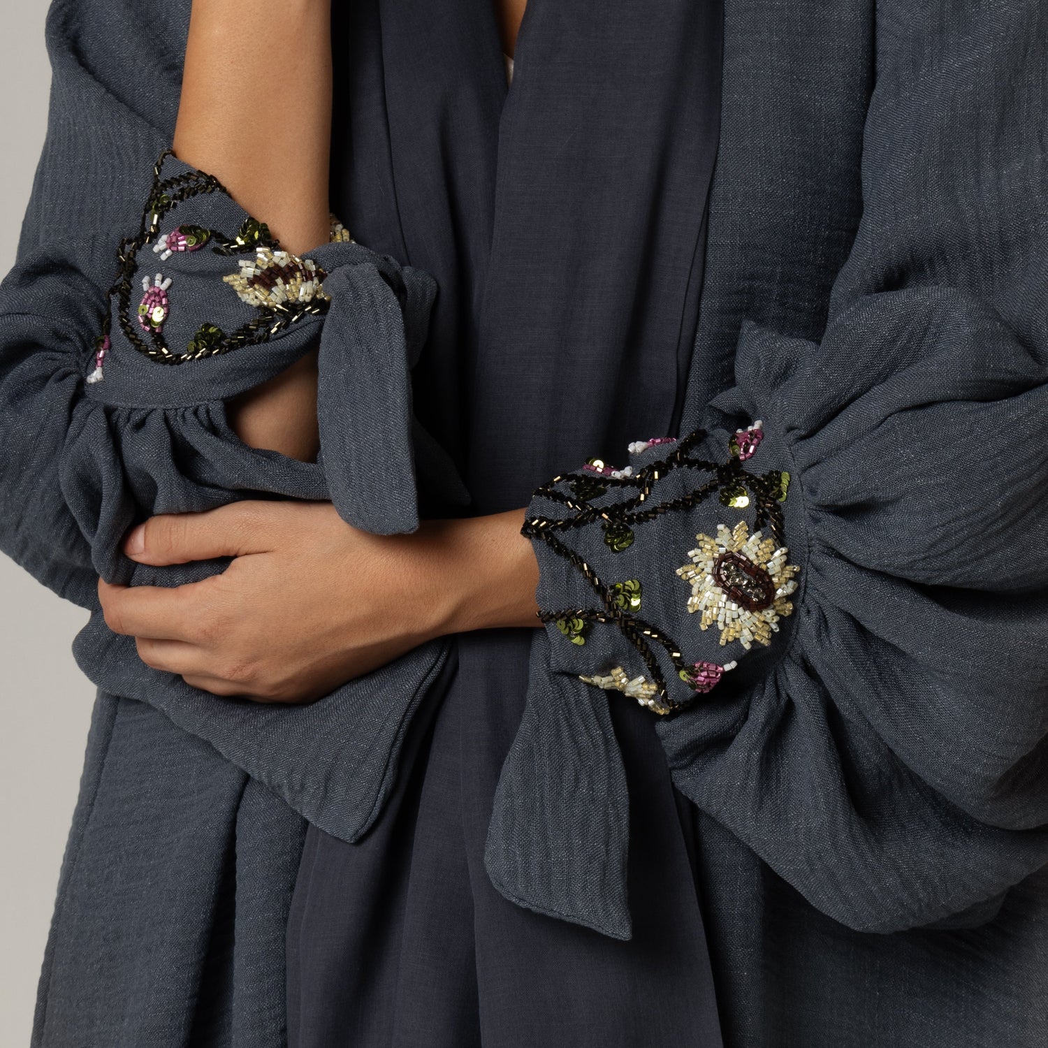 🎁 Navy Blue Abaya with Sunflower Beaded Details (30% off)