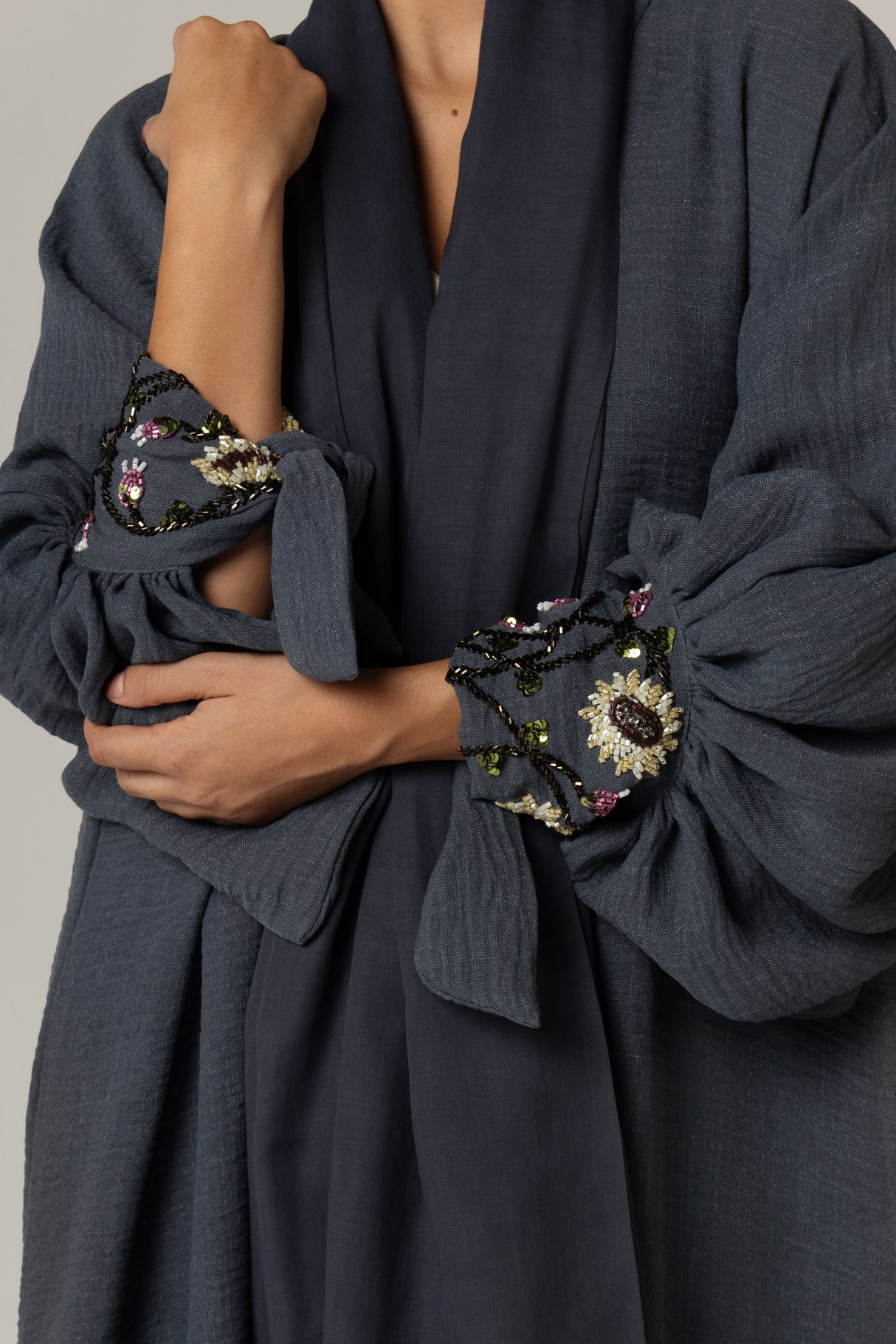 🎁 Navy Blue Abaya with Sunflower Beaded Details (30% off)