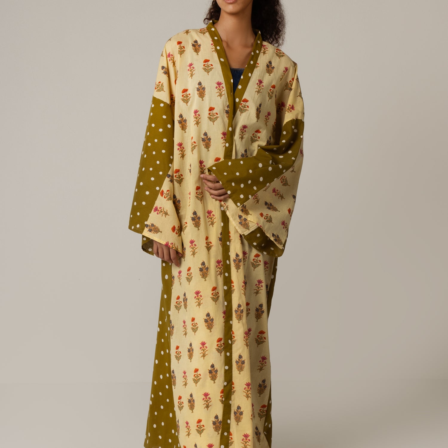 Printed Cotton Green Polka Dots Mixed Print Kimono Abaya