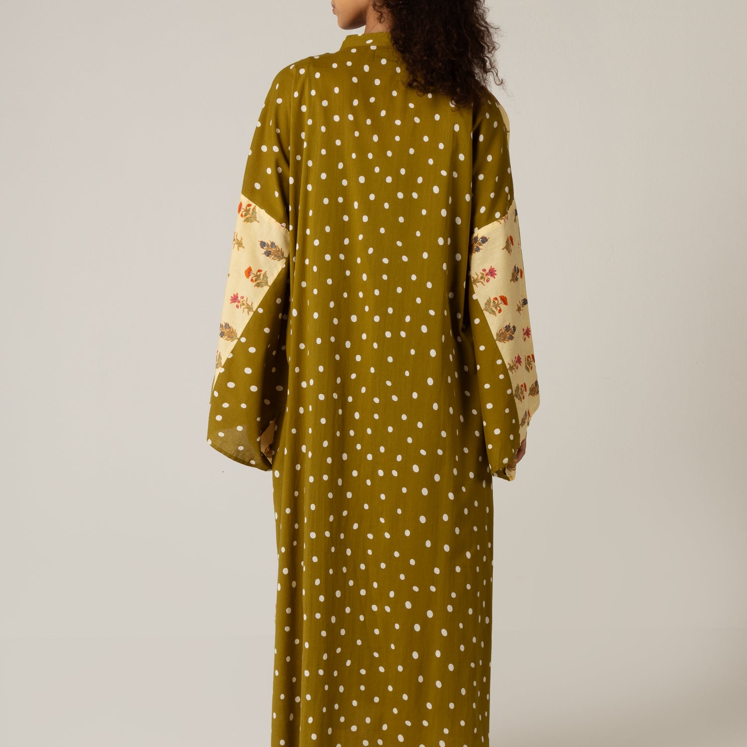 Printed Cotton Green Polka Dots Mixed Print Kimono Abaya