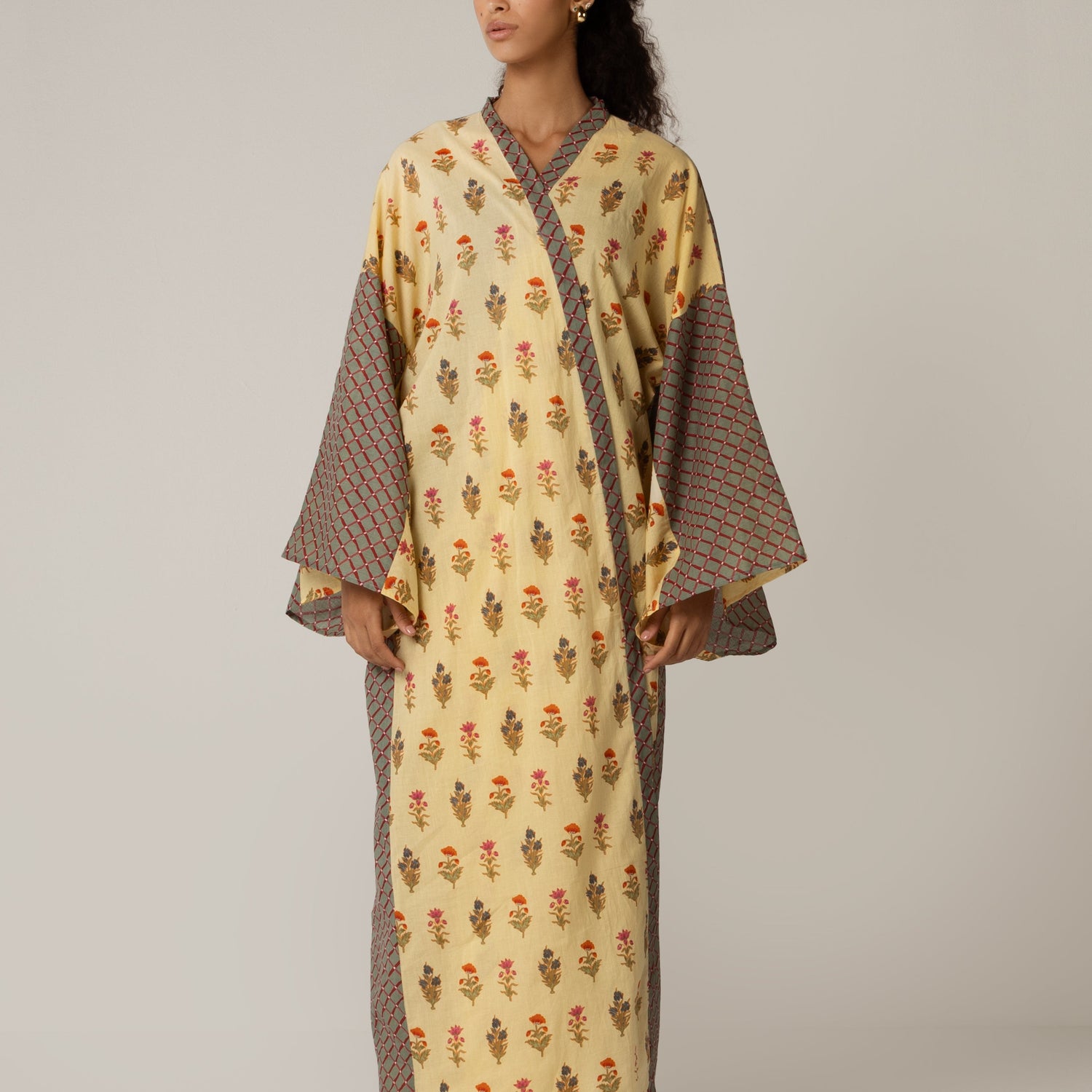 🎁 Printed Cotton Green Check Mixed Print Kimono Abaya (30% off)