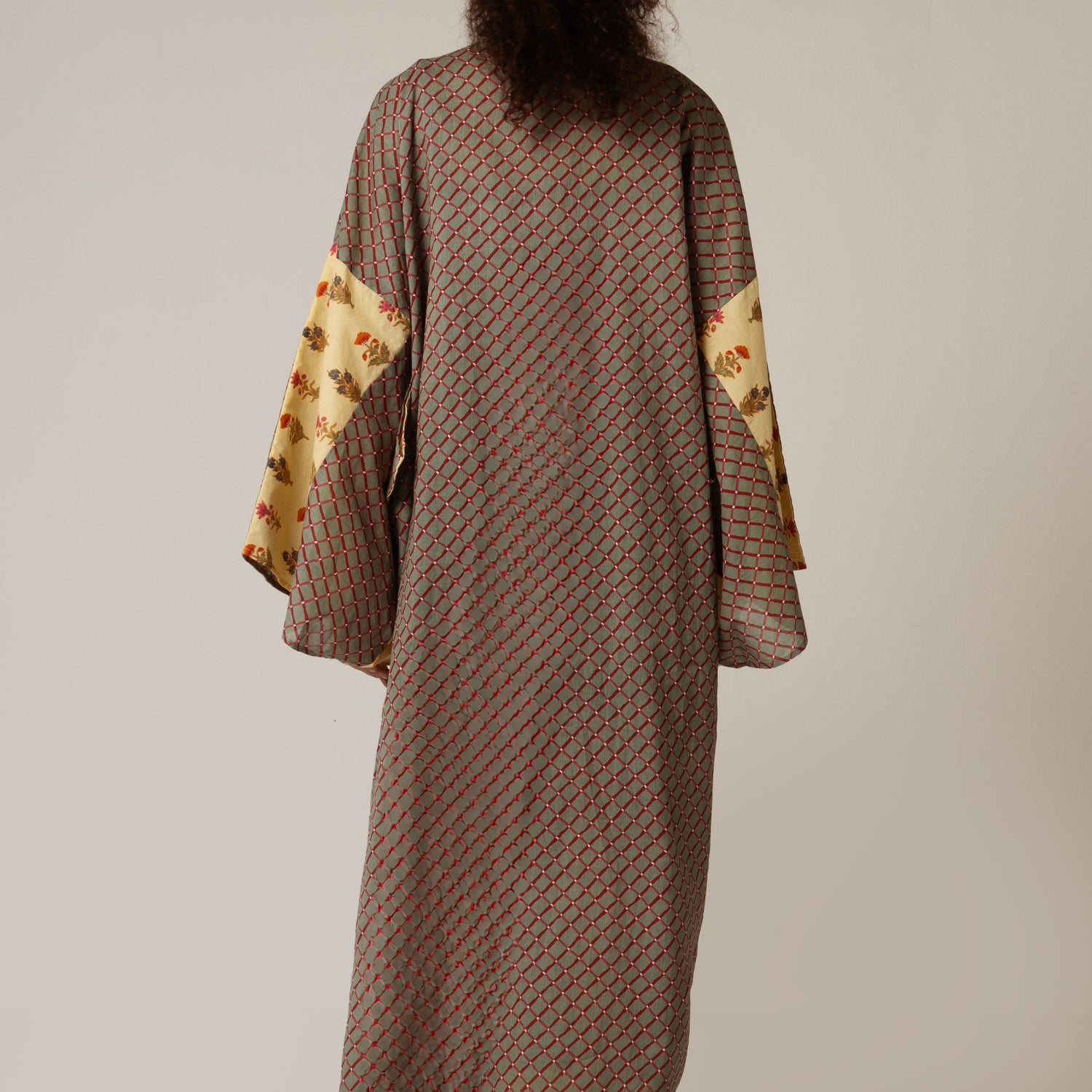Printed Cotton Green Check Mixed Print Kimono Abaya