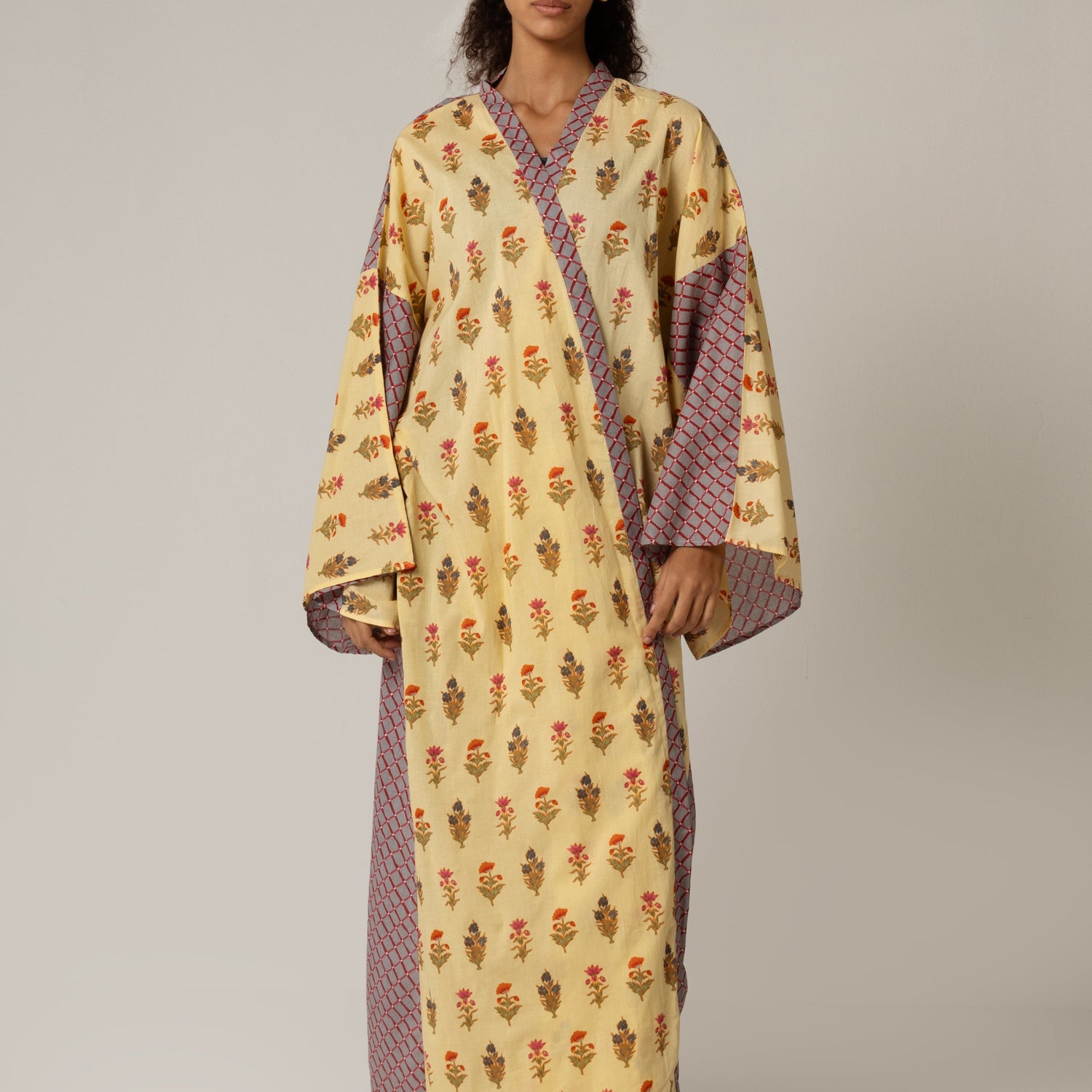 🎁 Printed Cotton Blue Check Mixed Print Kimono Abaya (30% off)