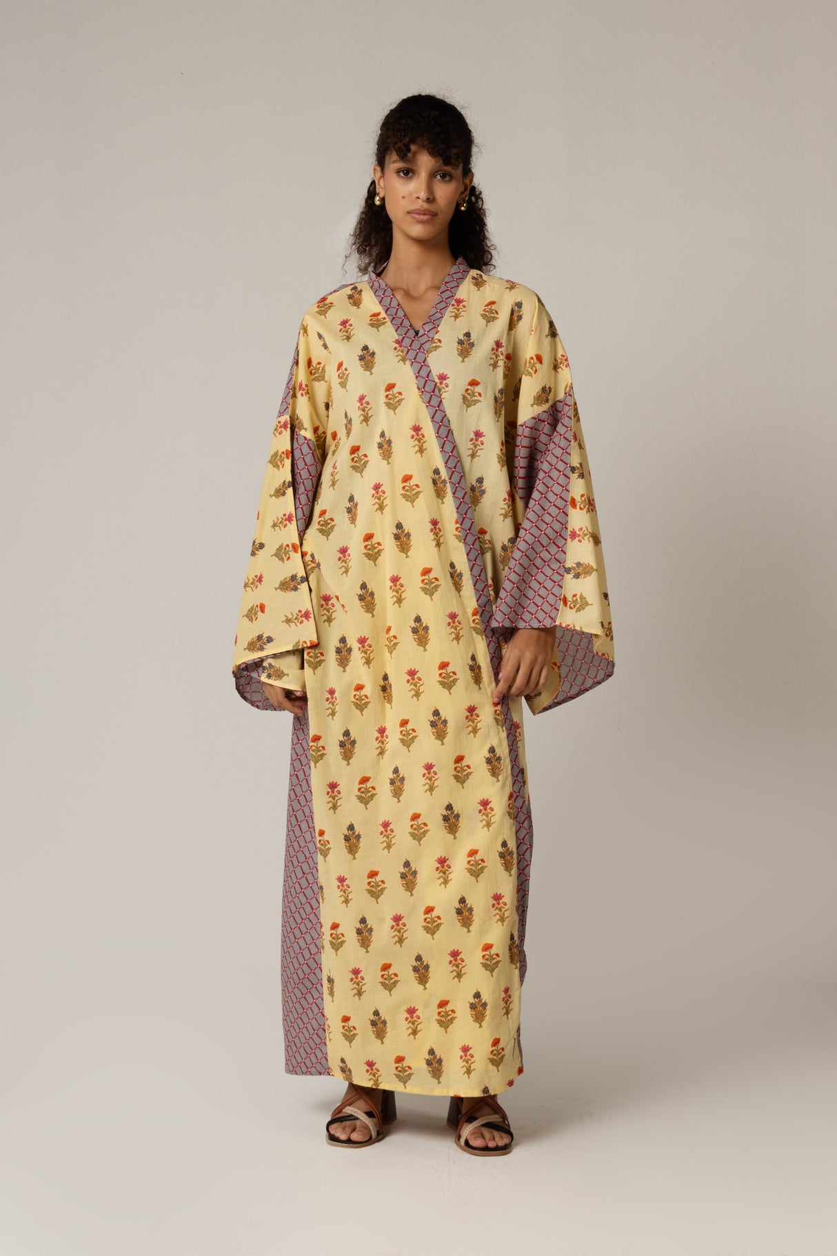 🎁 Printed Cotton Blue Check Mixed Print Kimono Abaya (30% off)