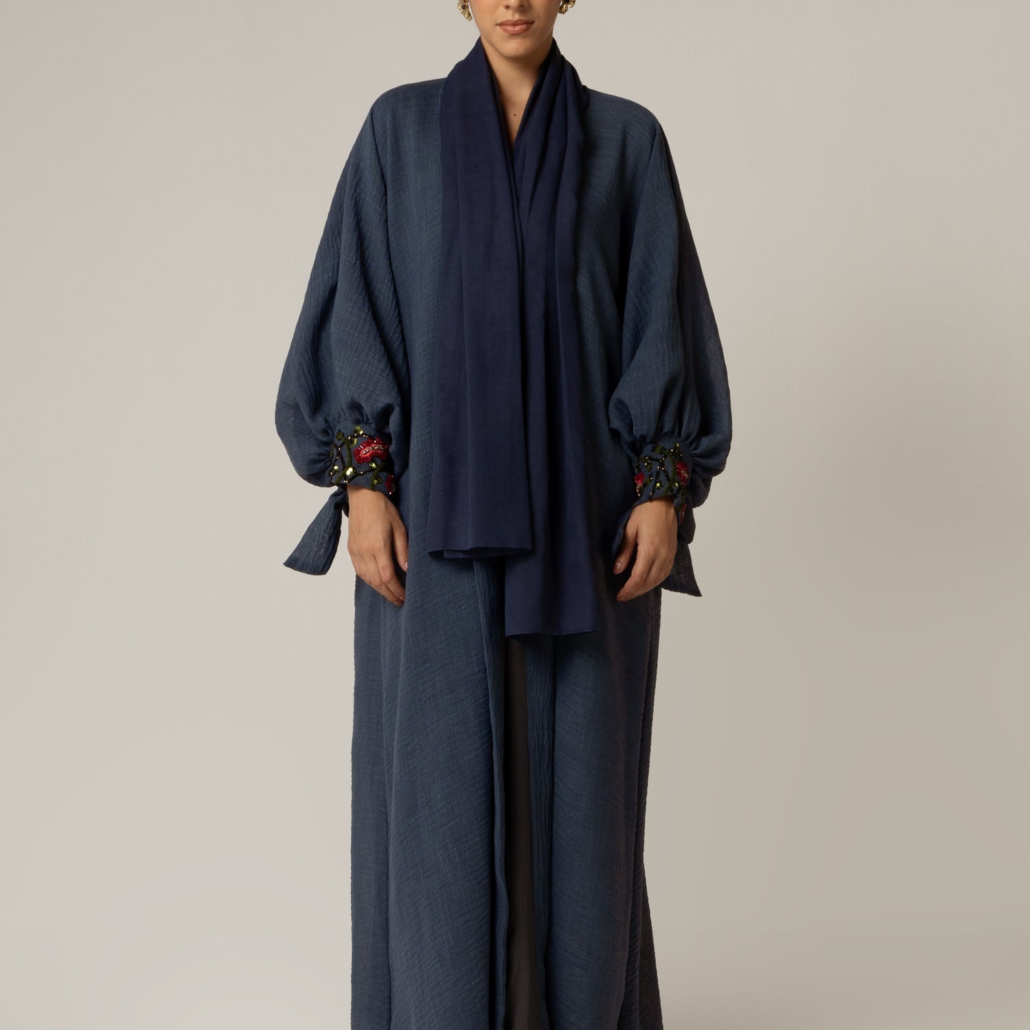 Navy Blue Abaya with Deep Red Flower Beaded Details