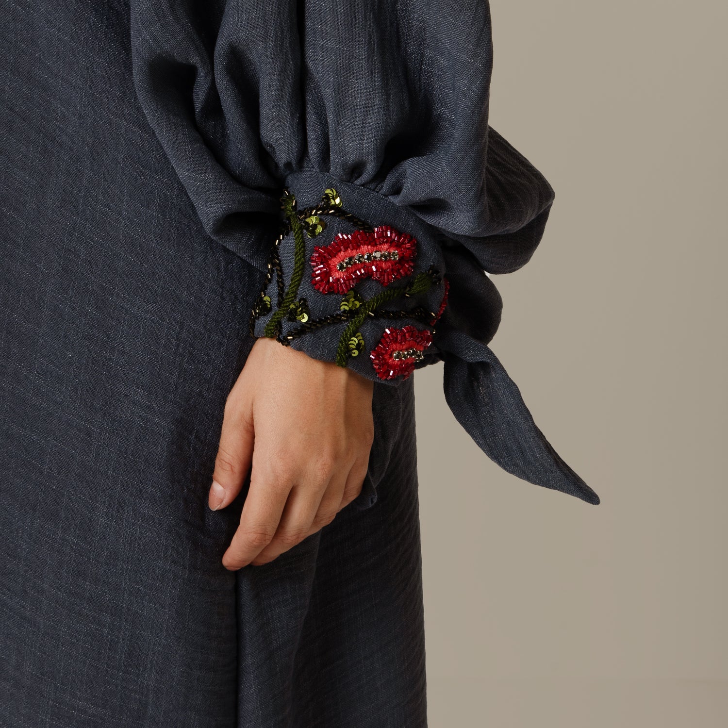 Navy Blue Abaya with Deep Red Flower Beaded Details