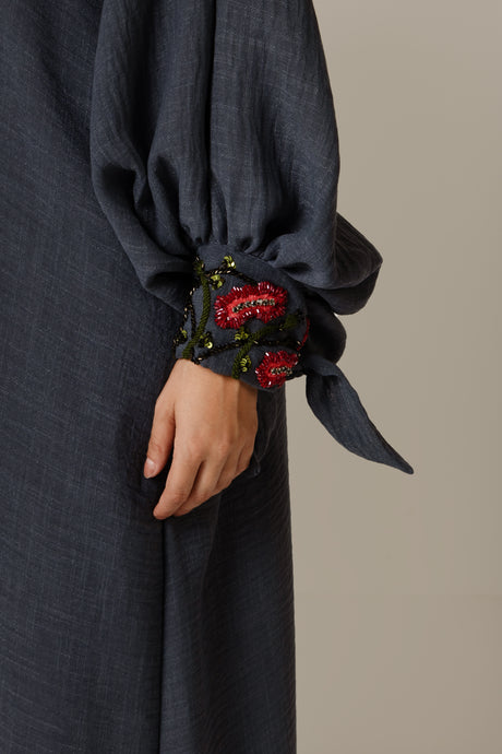 Navy Blue Abaya with Deep Red Flower Beaded Details