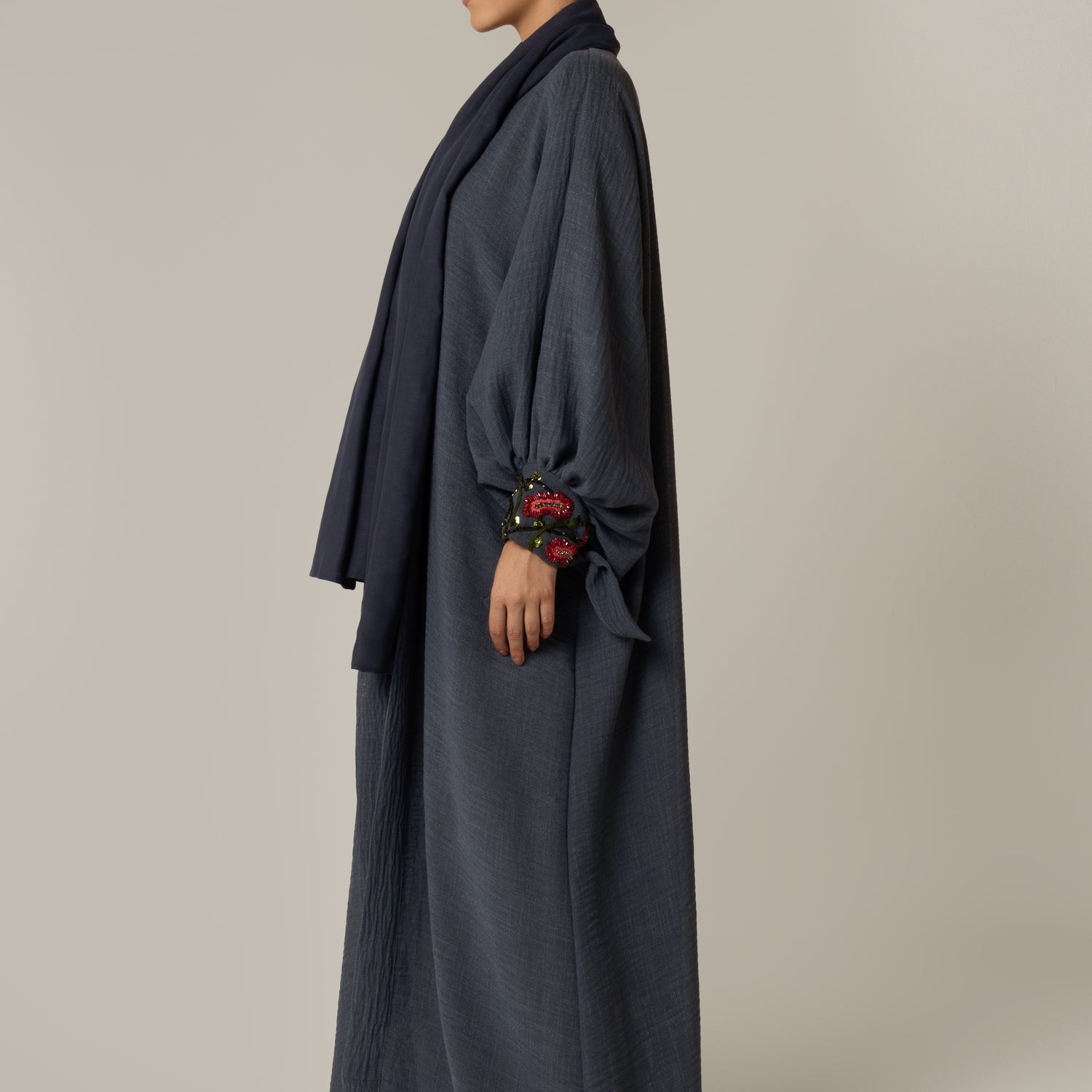 Navy Blue Abaya with Deep Red Flower Beaded Details