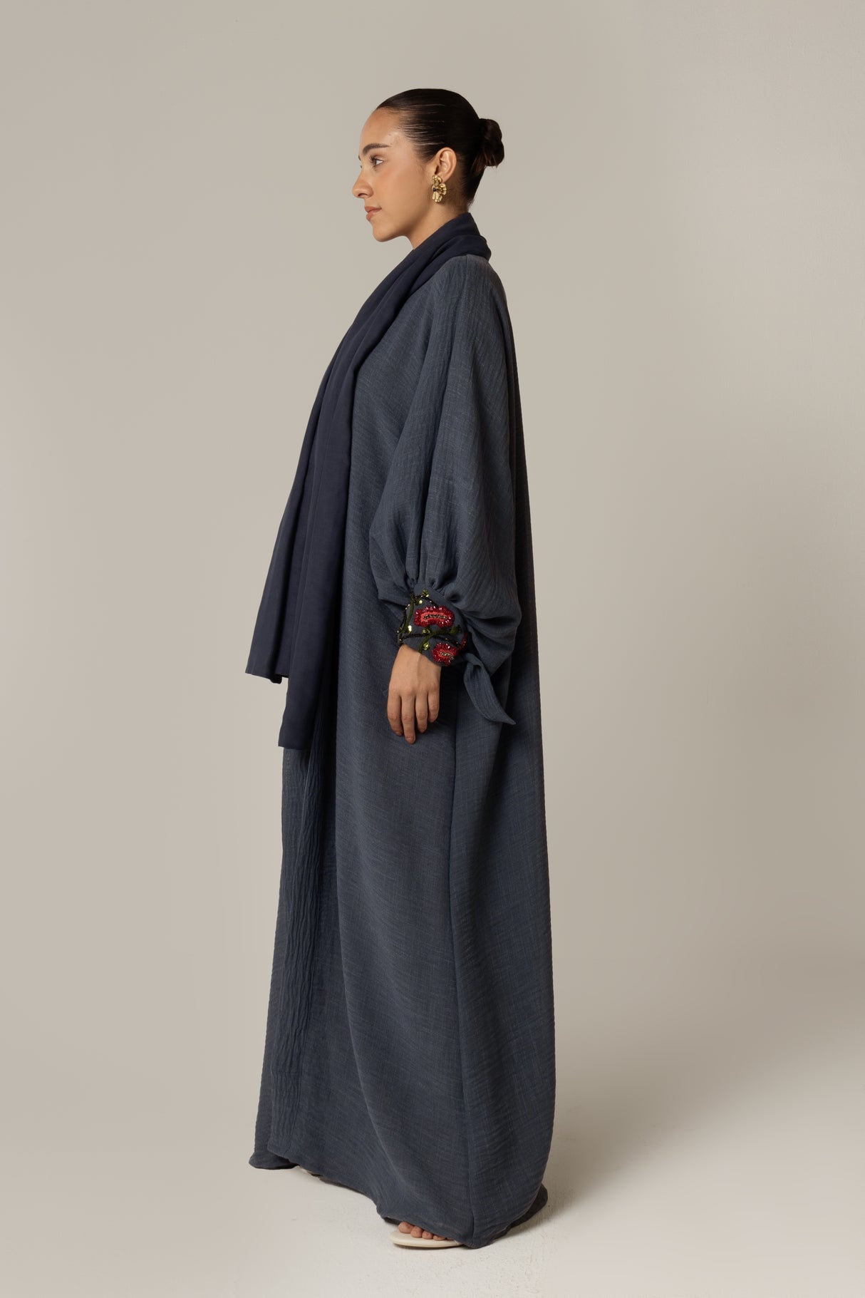 Navy Blue Abaya with Deep Red Flower Beaded Details